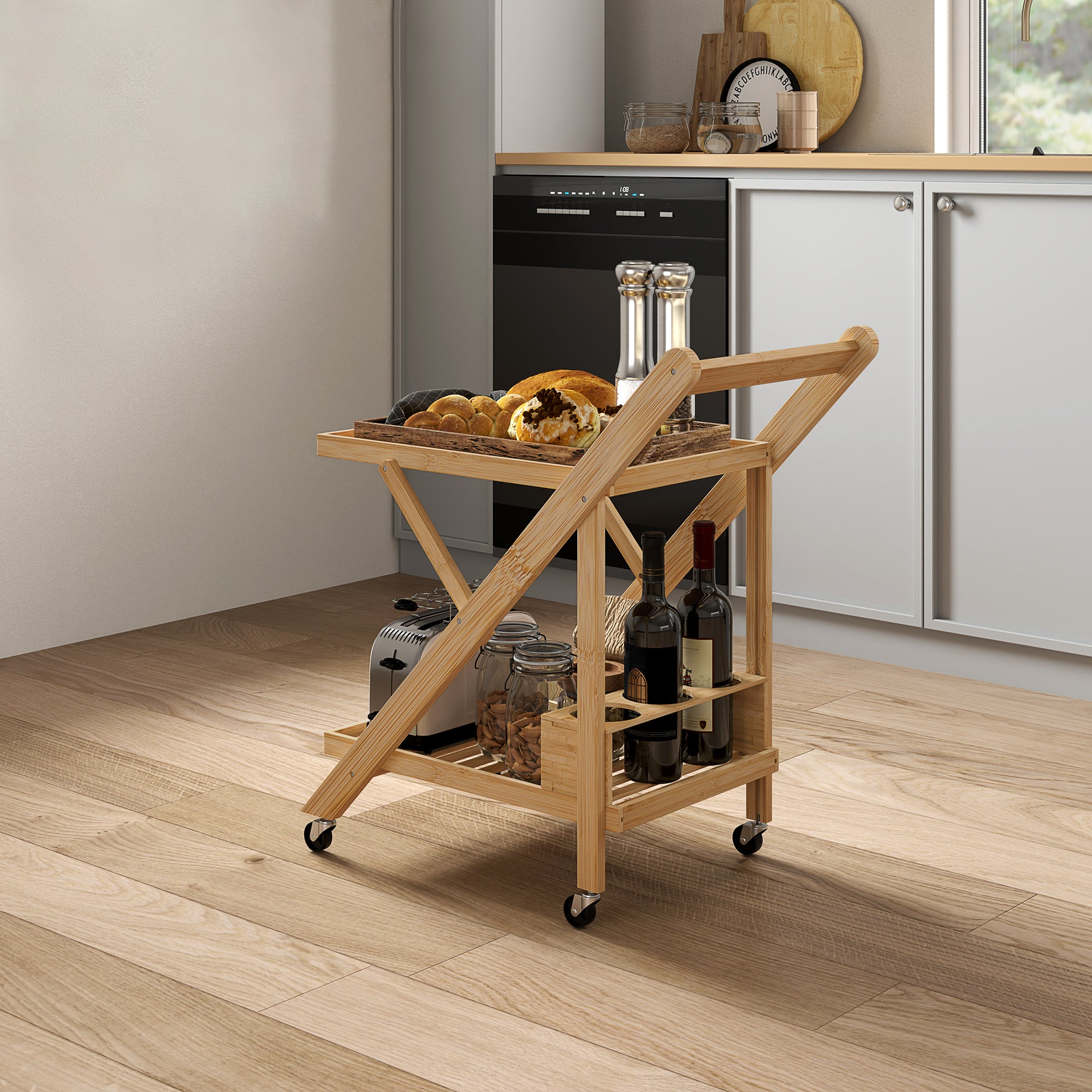 HOMCOM Küchenwagen auf Rädern, Servierwagen mit 3 Weinregalen, 2 Tabletts, für Küche, Esszimmer, Bambusholz, Hellbraun