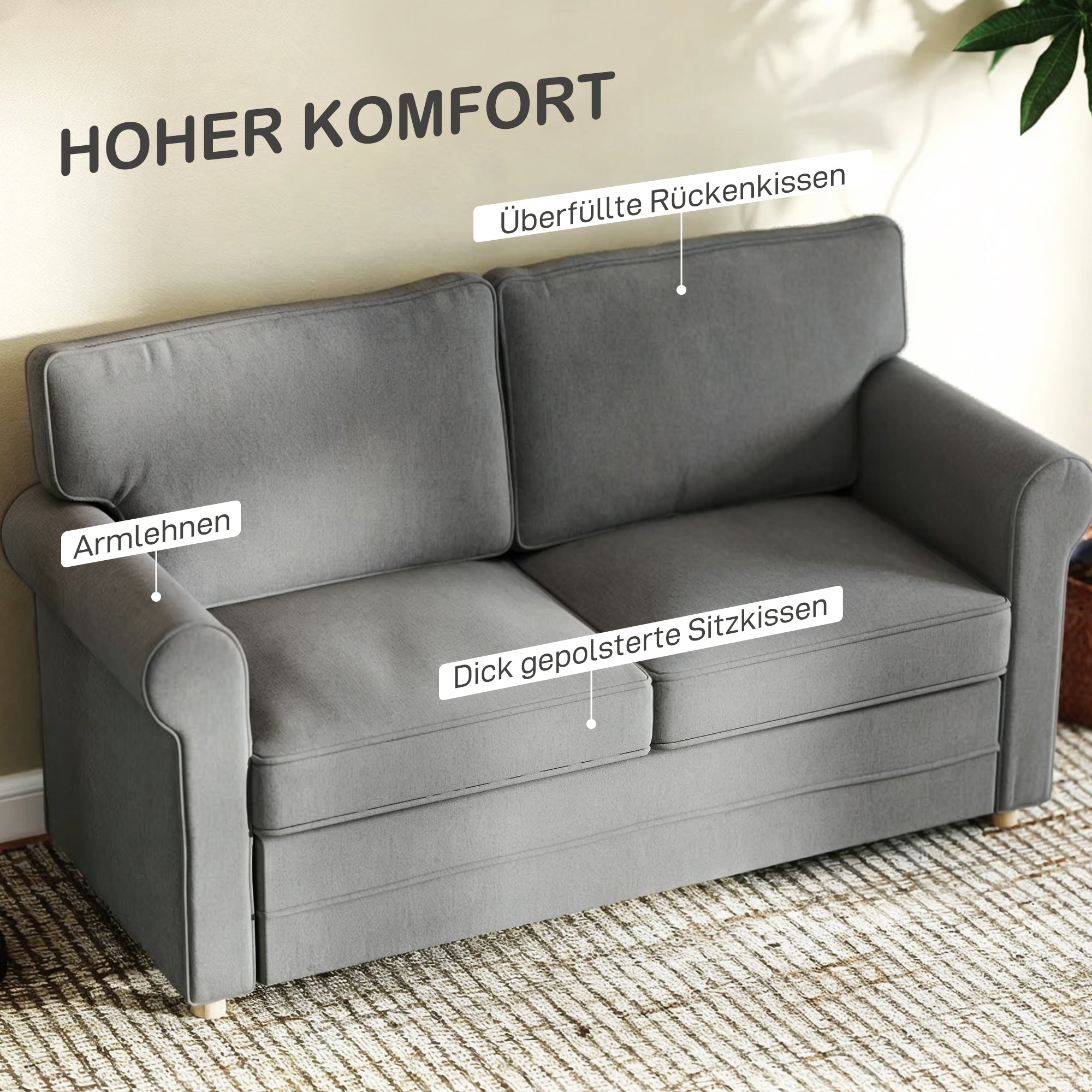 HOMCOM 2-Sitzer-Sofa, Kompakte Wohnzimmercouch, Stoff in Leinenoptik, weiche Sitzkissen, Stahlrahmen, Dunkelgrau