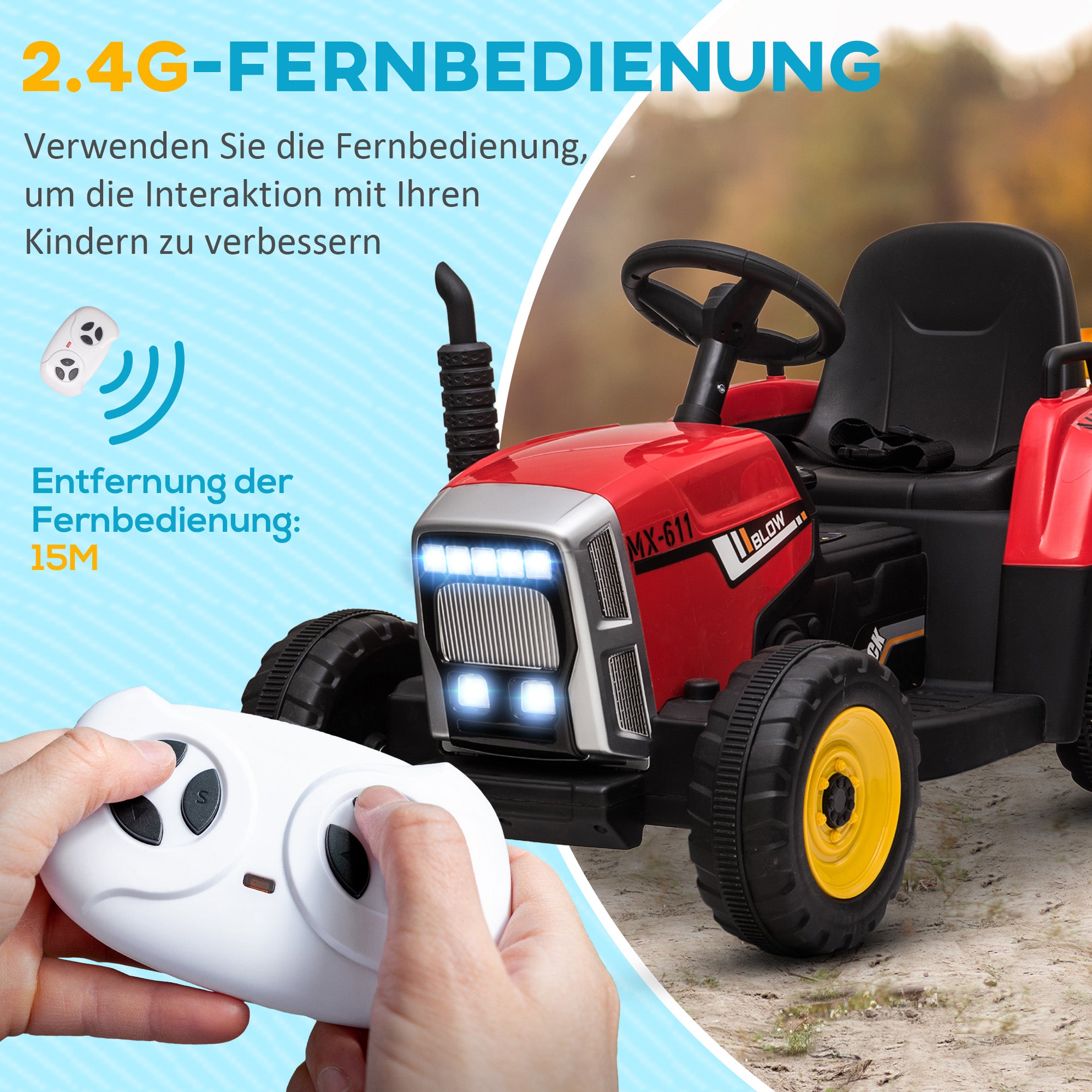 HOMCOM Elektrischen Kinderauto, Kinder-Traktor, inkl. Eltern-Fernbedienung, max. Geschwindigkeit von 6 km/h; Rot + Schwarz