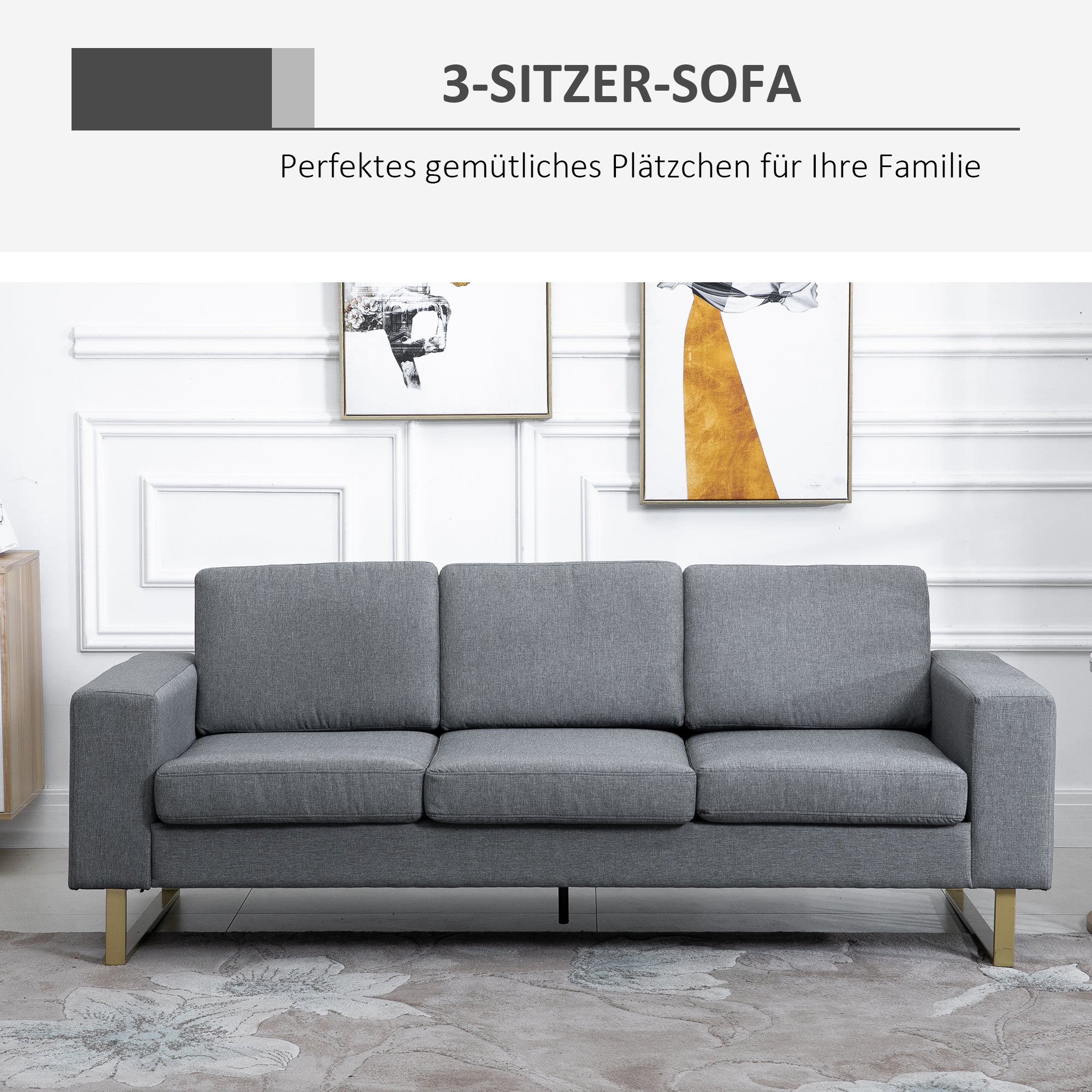HOMCOM 3 Sitzer Sofa Dreisitzer Stoffsofa mit Kissen Armlehne Leinenoptik für Schlafzimmer 200 x 82 x 78 cm Dunkelgrau