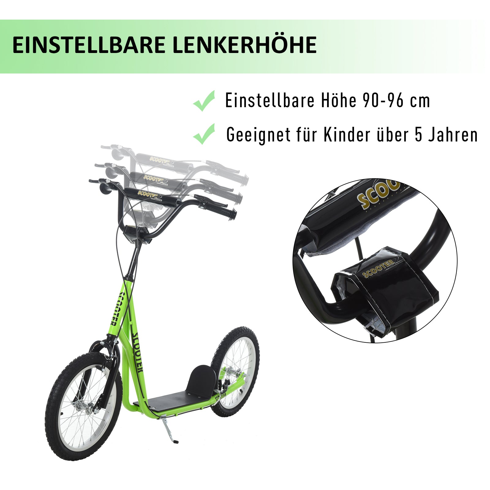 HOMCOM Kinderroller Scooter Tretroller Cityroller Kickscooter Roller Kinder Kickboard mit Luftreifen und Handbremse Scooter Kinder ab 5 Jahre 16 Zoll Grün 139 x 58 x 90-96 cm