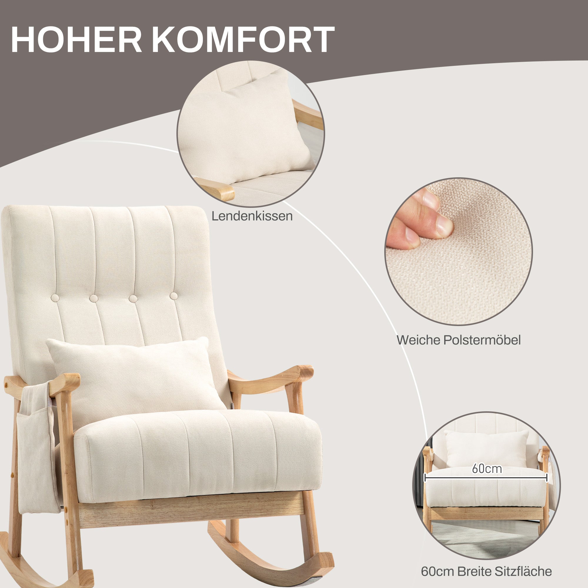 HOMCOM Schaukelstuhl mit Nierenkissen, breiter Sitz, Buchenrahmen, bis 120 kg, Beige