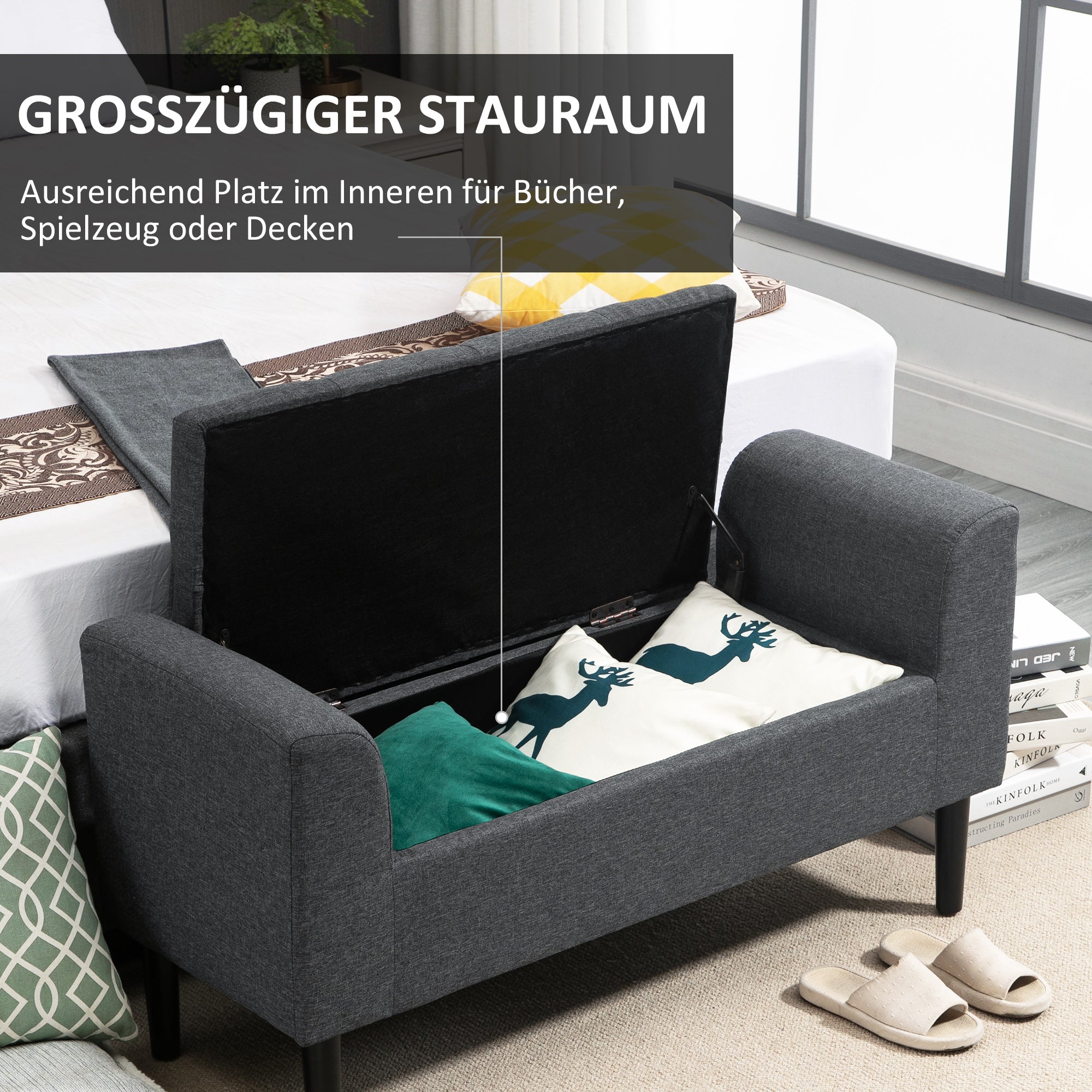HOMCOM Sitzbank mit Stauraum, Polsterbank mit Leinenoptik, Holzbeine, Bettbank belastbar bis 130 kg, für Wohnzimmer Schlafzimmer Flur, 116 x 44 x 58 cm Dunkelgrau