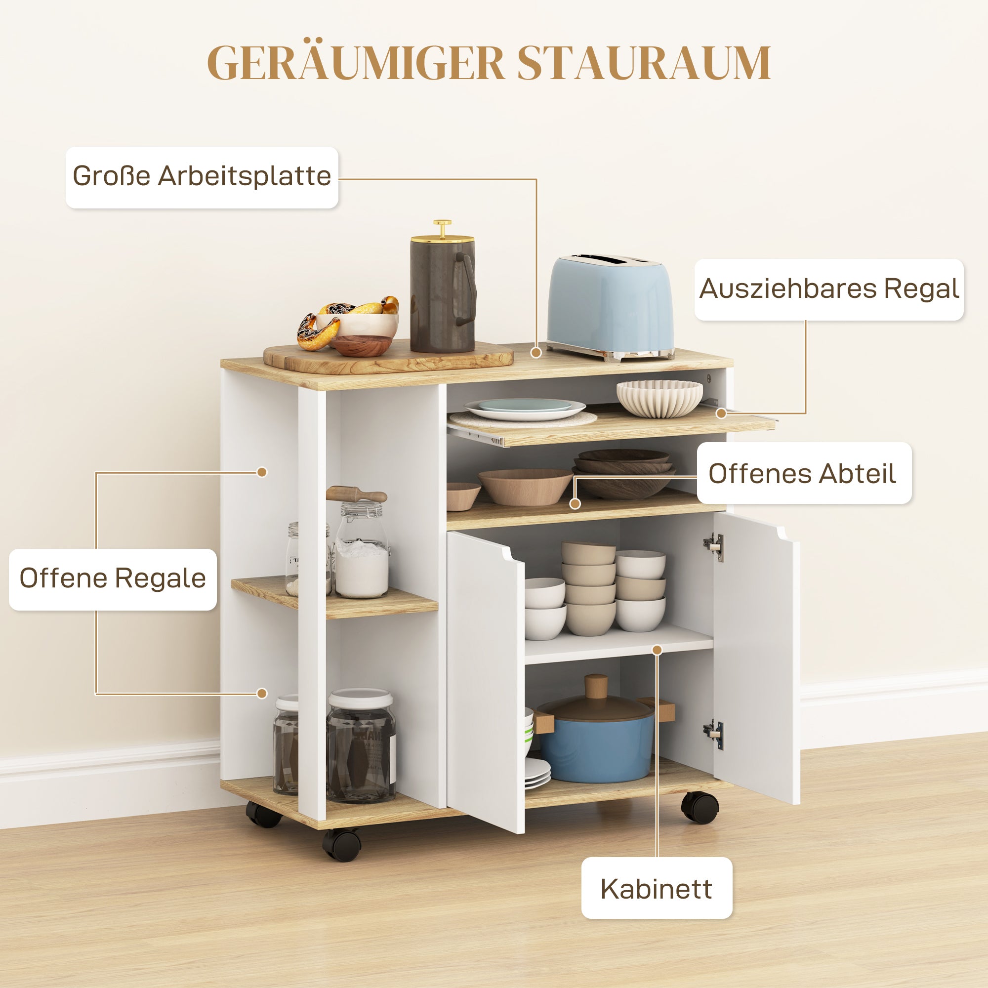 HOMCOM Rollender Küchenwagen mit Stauraum, Schrank, verstellbare Regale, für Küche, Wohnzimmer, Esszimmer, Weiß