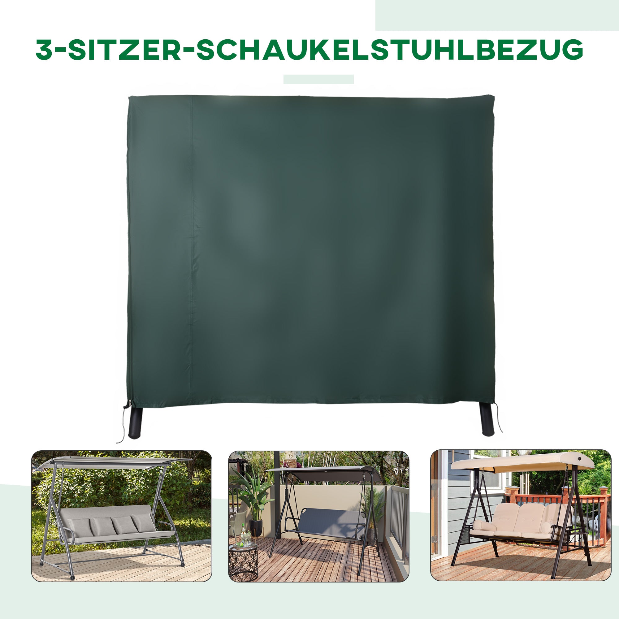 Outsunny Hollywoodschaukel Abdeckung 3 Sitzer, Wasserabweisend Winterfest Schutzhülle für Gartenschaukel, UV-Beständig Abdeckplane, Abdeckhaube, Reißfest 600D Oxford Gewebe, 205x124x164cm Dunkelgrün
