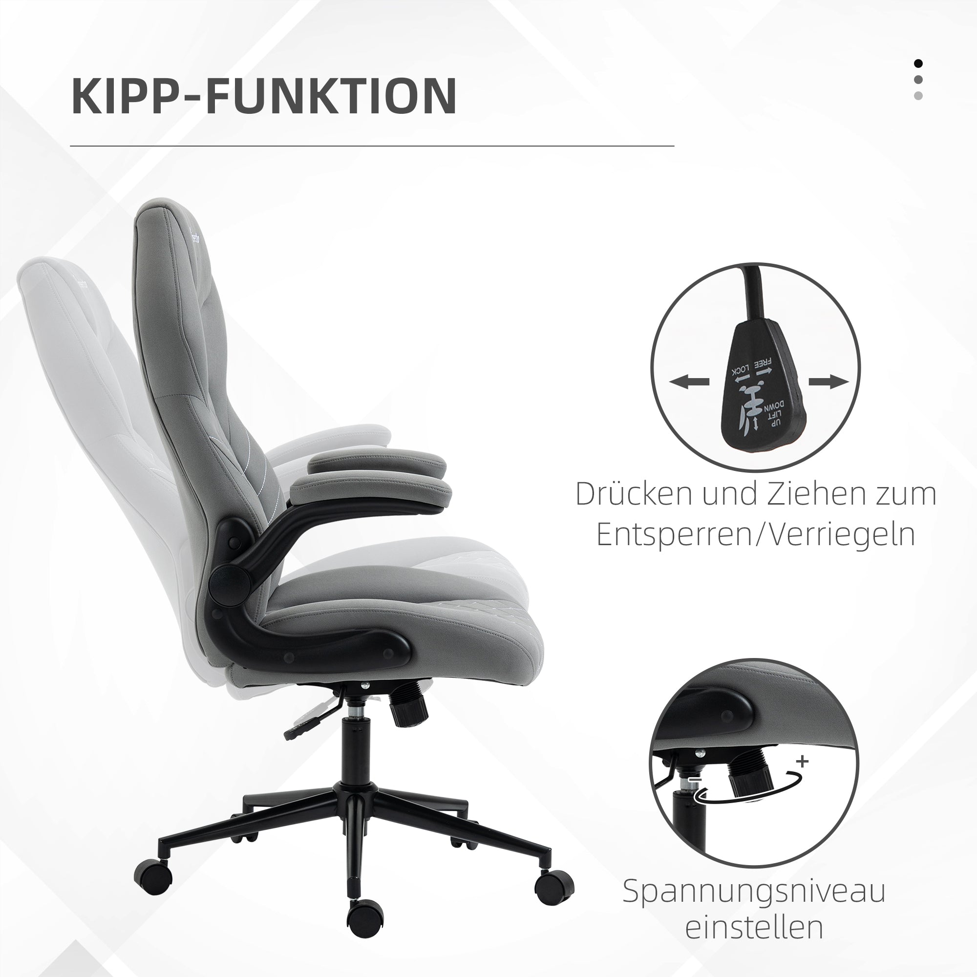 Vinsetto Bürostuhl mit Rückenlehne, höhenverstellbar, klappbare Armlehnen, Wippfunktion, Hellgrau