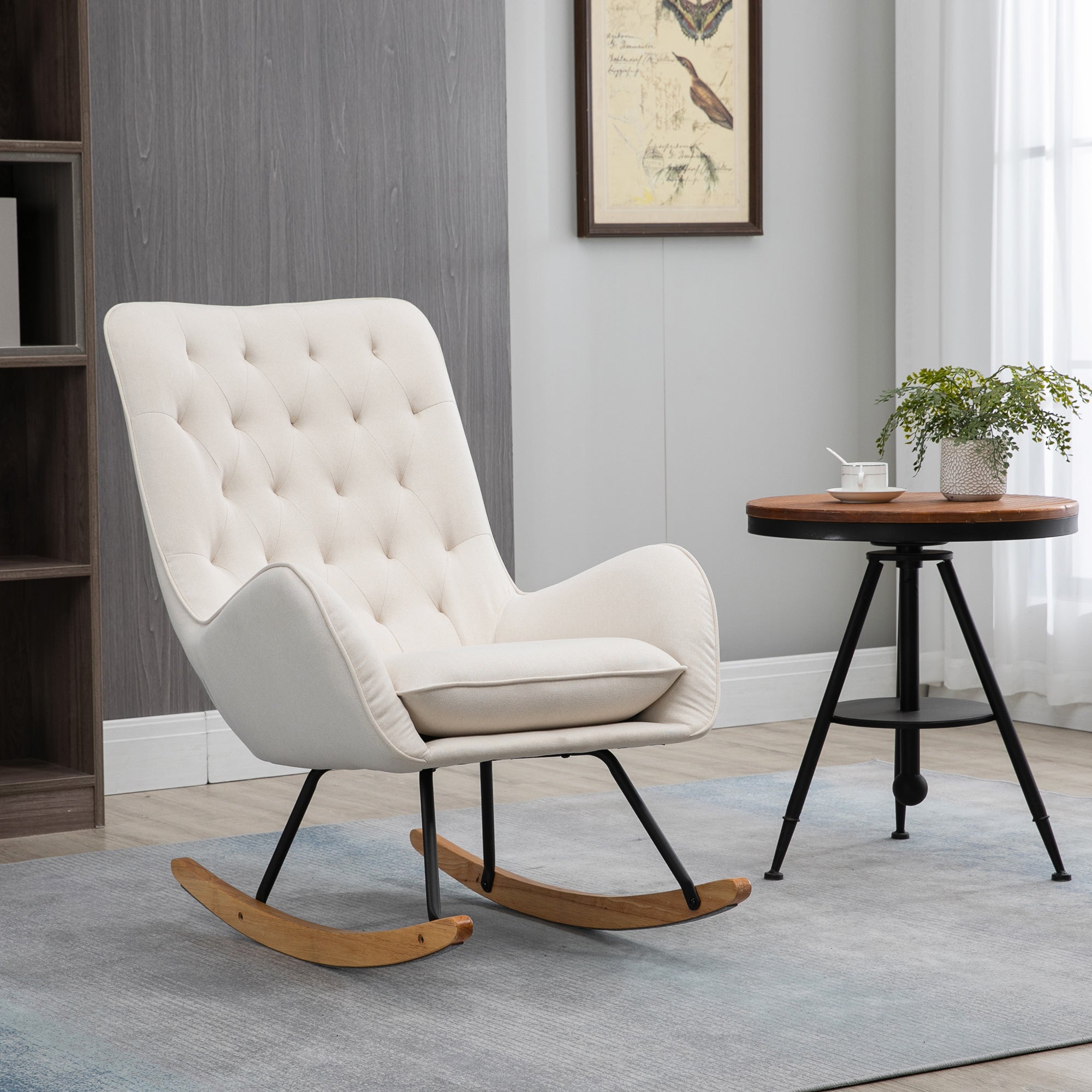 HOMCOM Schaukelstuhl im Skandi-Design Relaxsessel, Knopfheftung, 69 cm x 90 cm x 100 cm, Creme + Natur + Schwarz