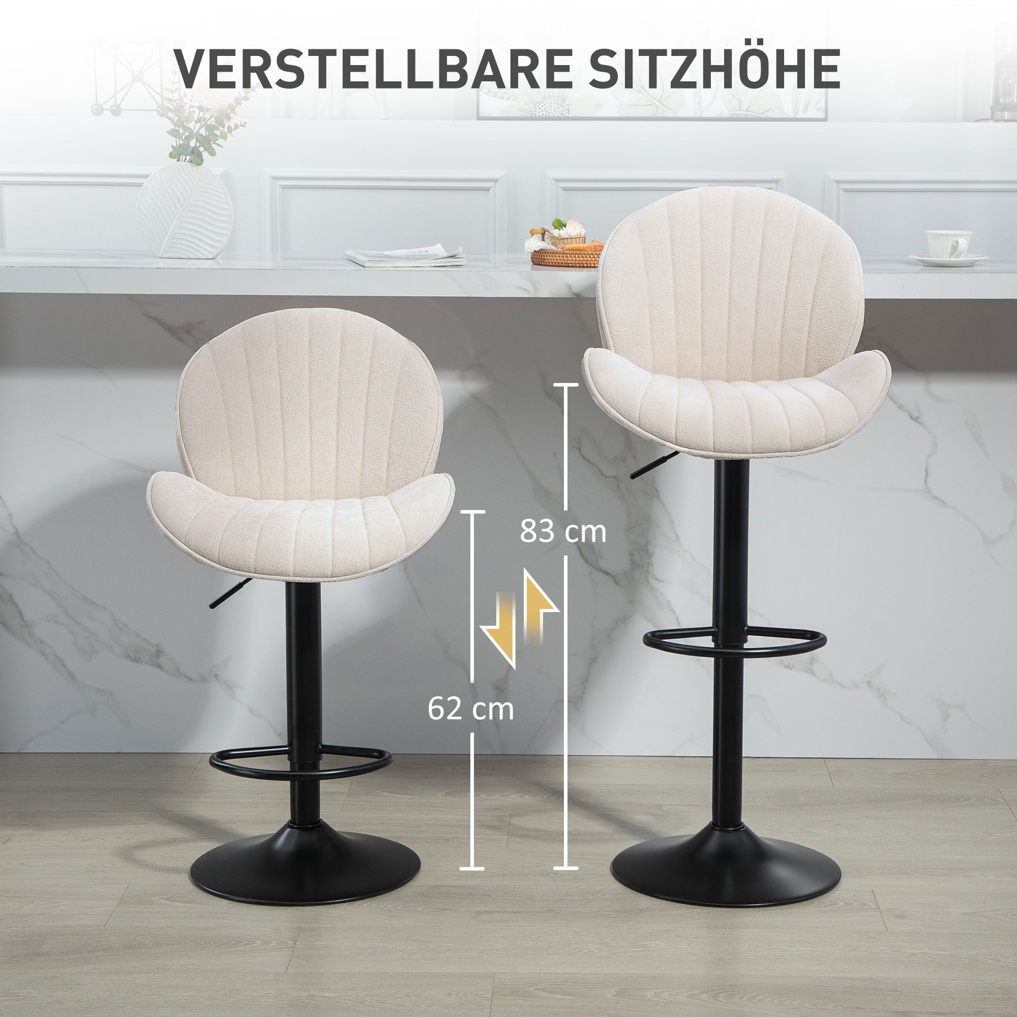 HOMCOM 2er-Set Barhocker, Stoffbezug, verstellbare Sitzhöhe, drehbar, Stahlrahmen, Beige