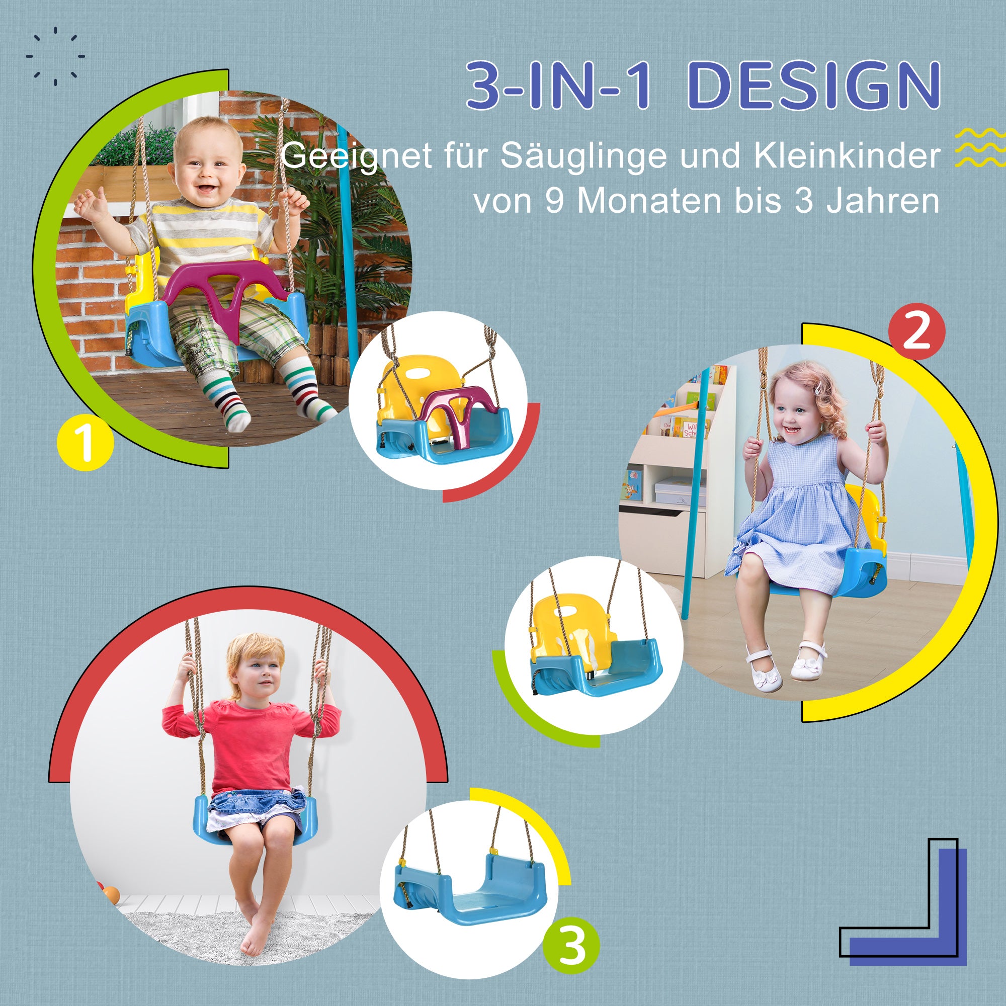 Outsunny 3-in-1 Kinderschaukel, höhenverstellbar, abnehmbare Rücklehne, für In- und Outdoor, blau+gelb, 42 x 33 x 180 cm