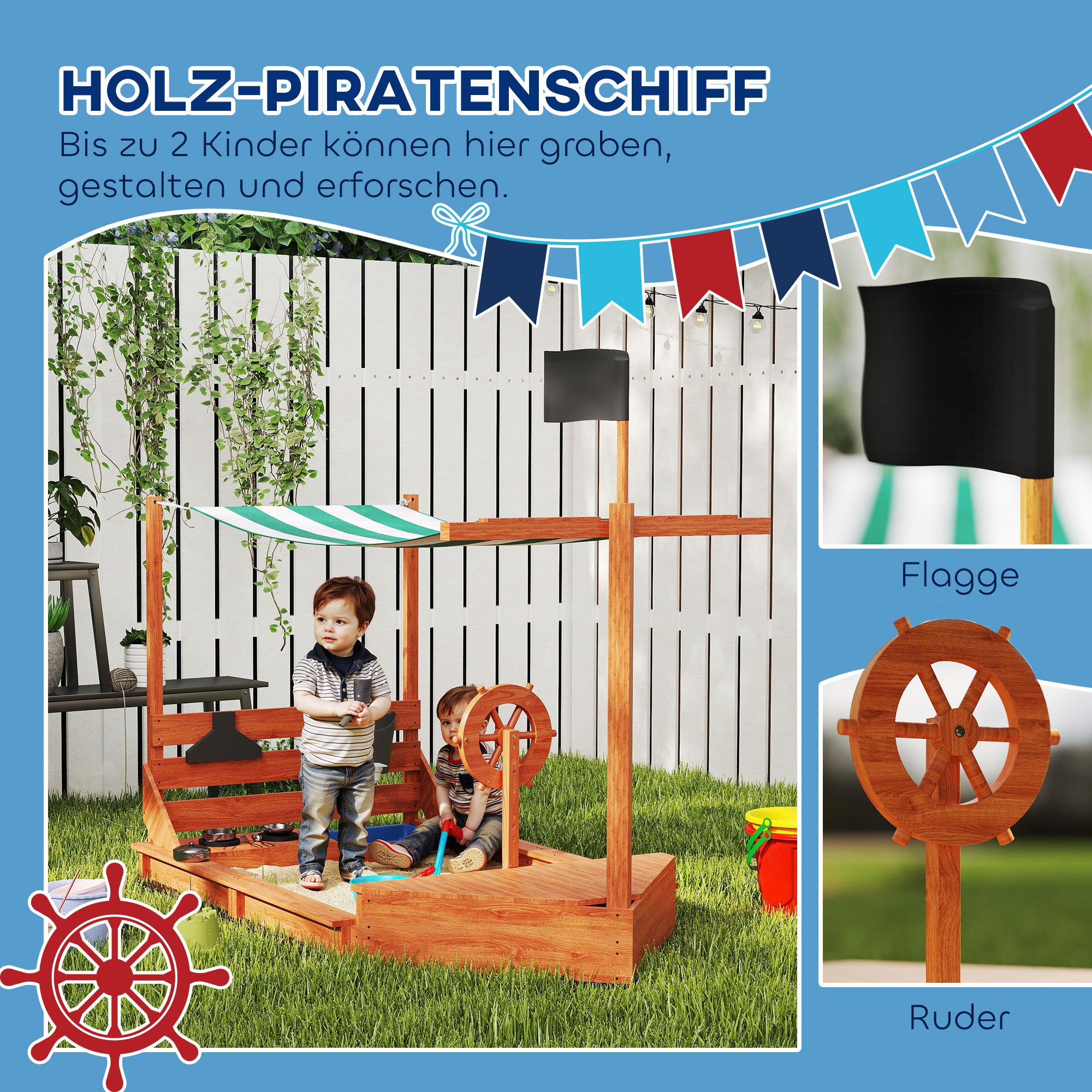 Outsunny Sandkasten mit Sonnendach Piratenschiff, inkl. Kinderküchenspielset, Massivholz, 180 x 103 x 144,5 cm, Grün