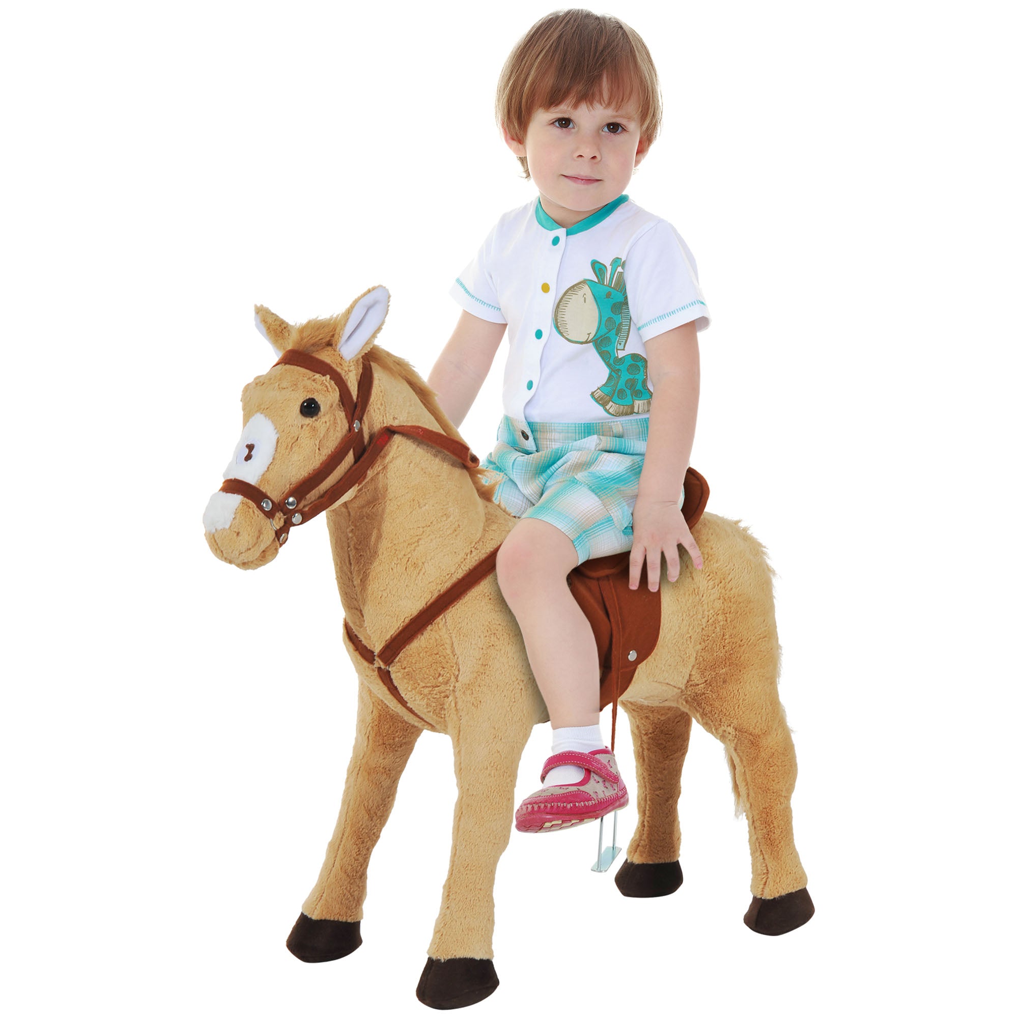 HOMCOM Reitpferd auf Rollen 60 cm Stehpferd mit Sattel, Zaumzeug Steigbügel Sound Spielpferd zum Reiten Draufsitzen Schaukeltier für Kinder ab 3 Jahre, Schaukelpferd Plüschpferd Indoor Outdoor Beige