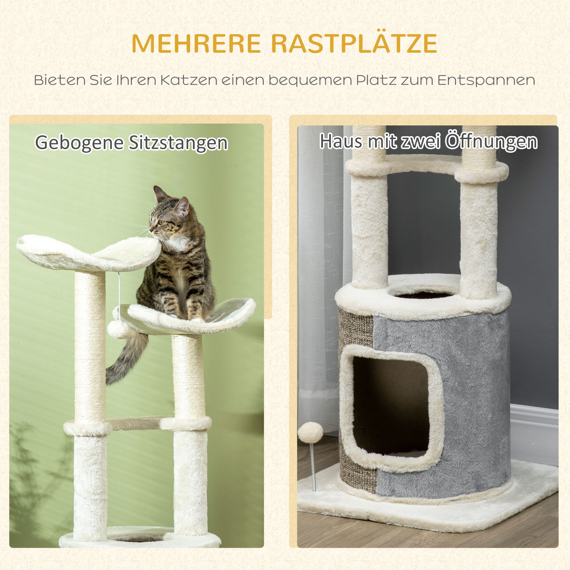 PawHut Kratzbaum mit Katzenhöhle, zwei Plattformen, zwei Kratzstämme, Plüschbezug, Cremeweiß, 48 x 48 x 110cm