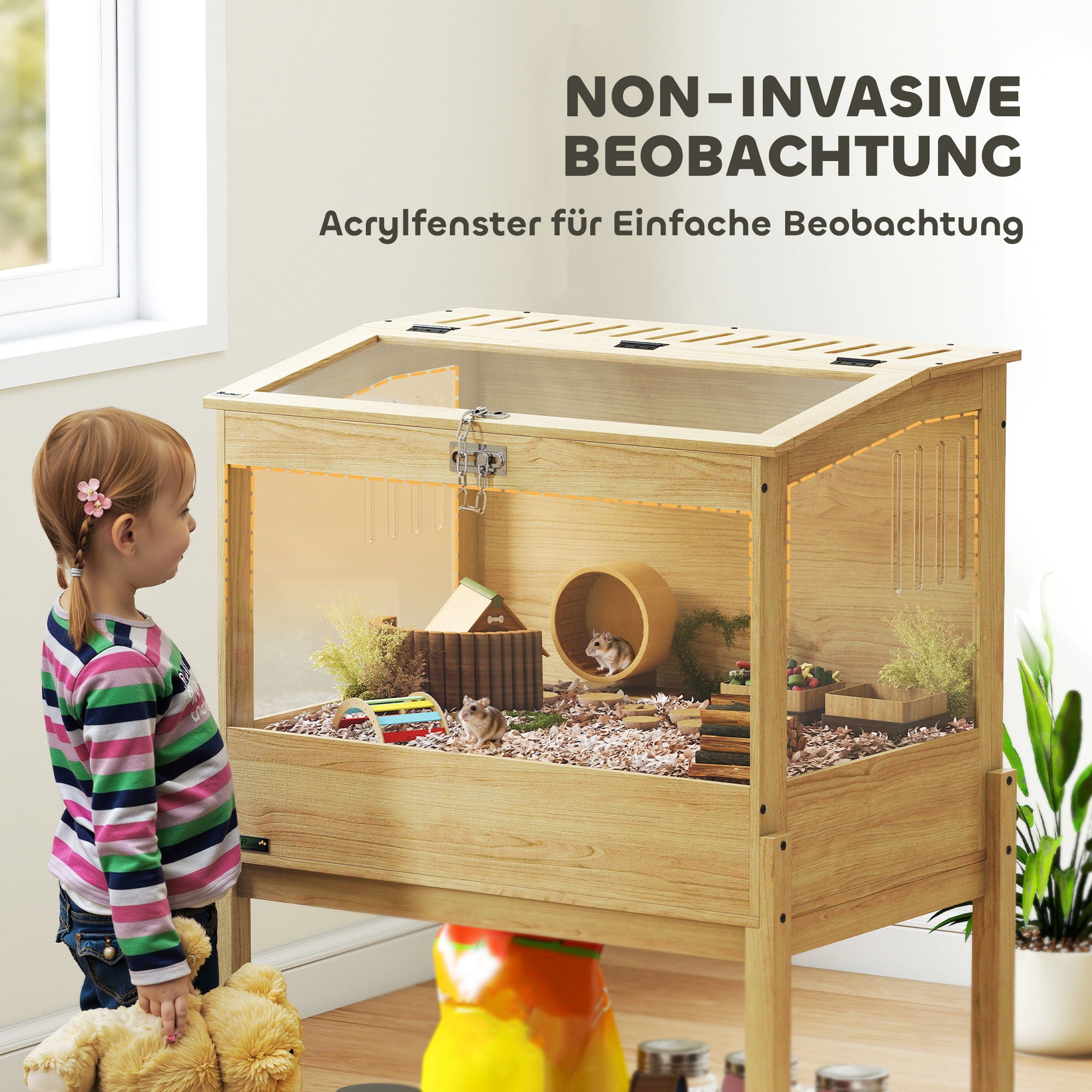 PawHut Hamsterkäfig 2 Etagen Nagerkäfig Kleintierkäfig mit klappbarem Deckel, groß 83,2 x 50 x 103 cm Naturholz