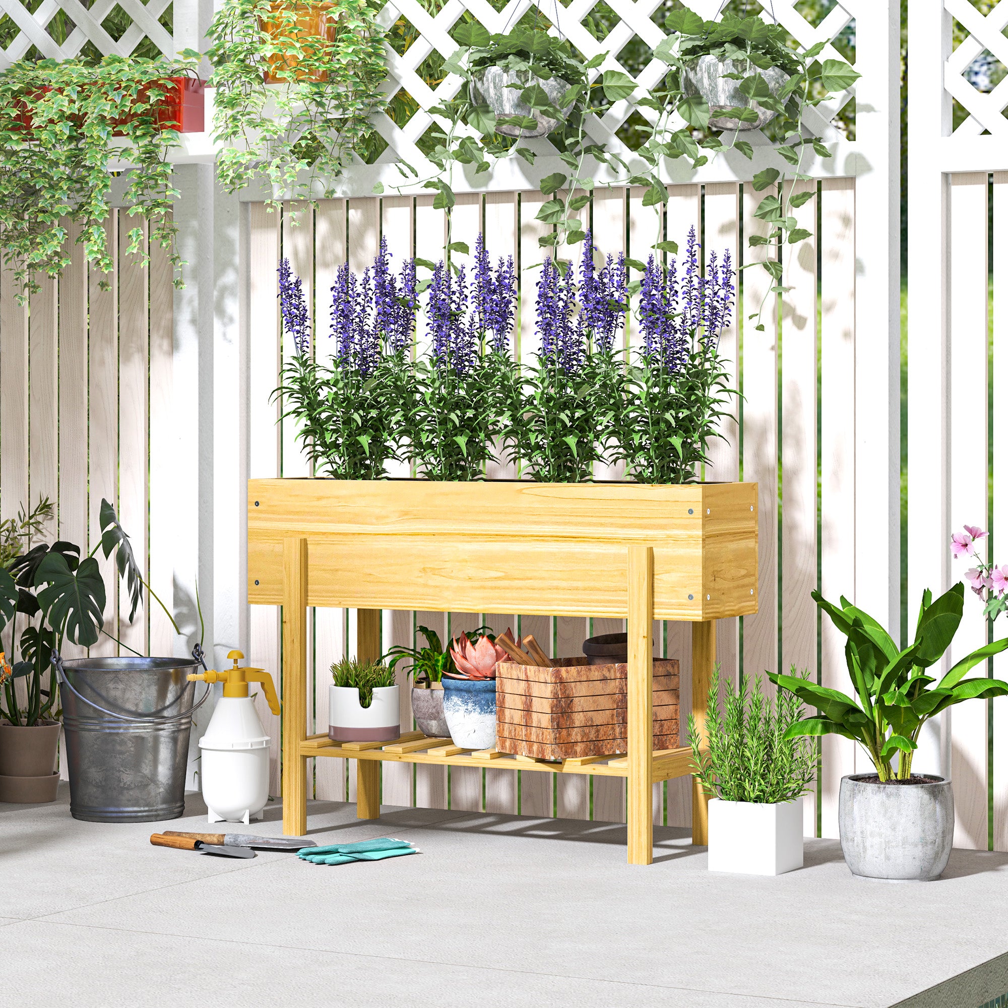 Outsunny Blumenkasten mit unterem Regal, Holzbeet mit Vlies-Auskleidung und Entwässerungslöchern, 100 x 30 x 70,5 cm, Naturholz