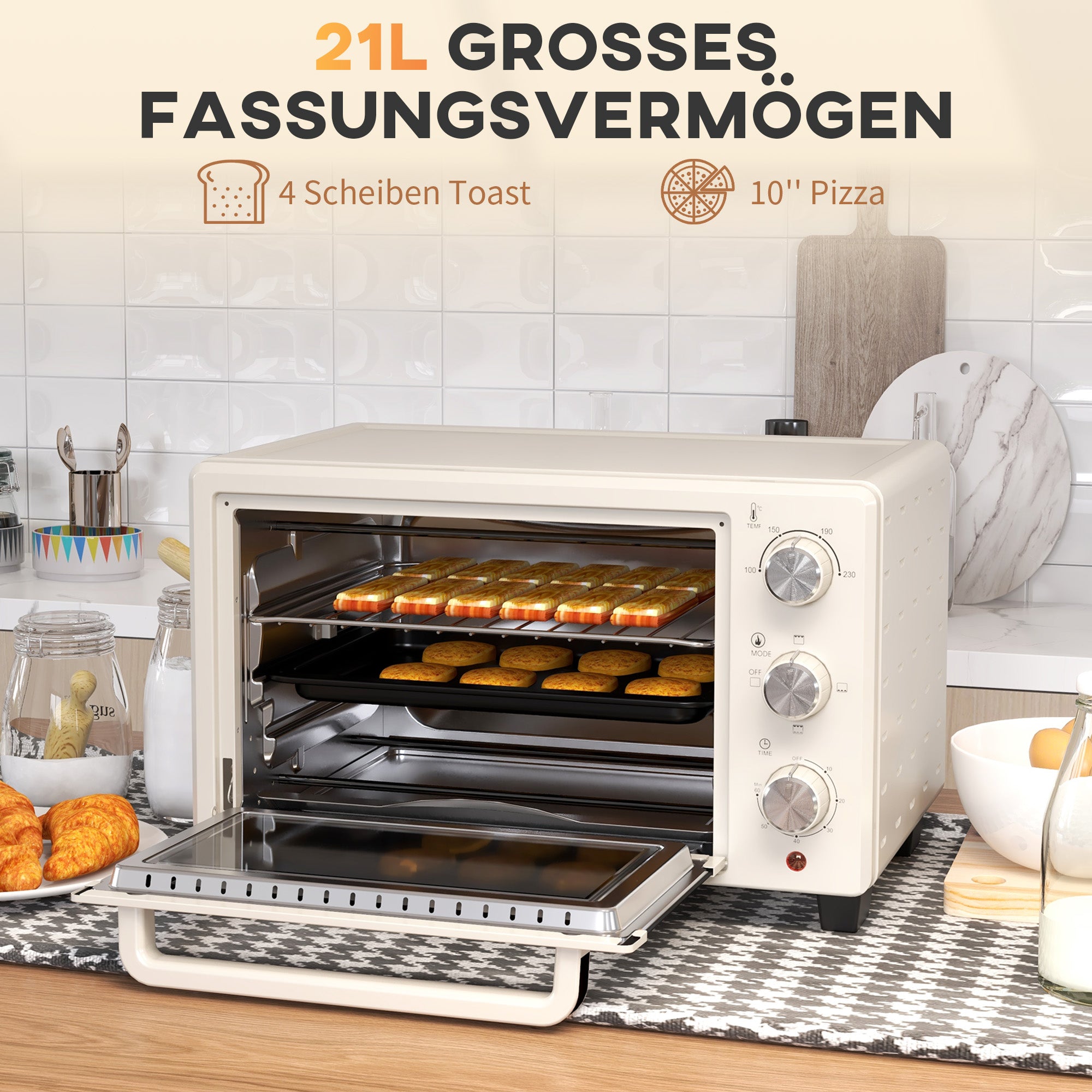 HOMCOM Minibackofen, Backofen kleine 21 L Toasterofen mit 1 Drahtgestell und 1 Backblech, 3 Kochmodi, 100 °C-230 °C, Edelstahl, Glas, Cremeweiß