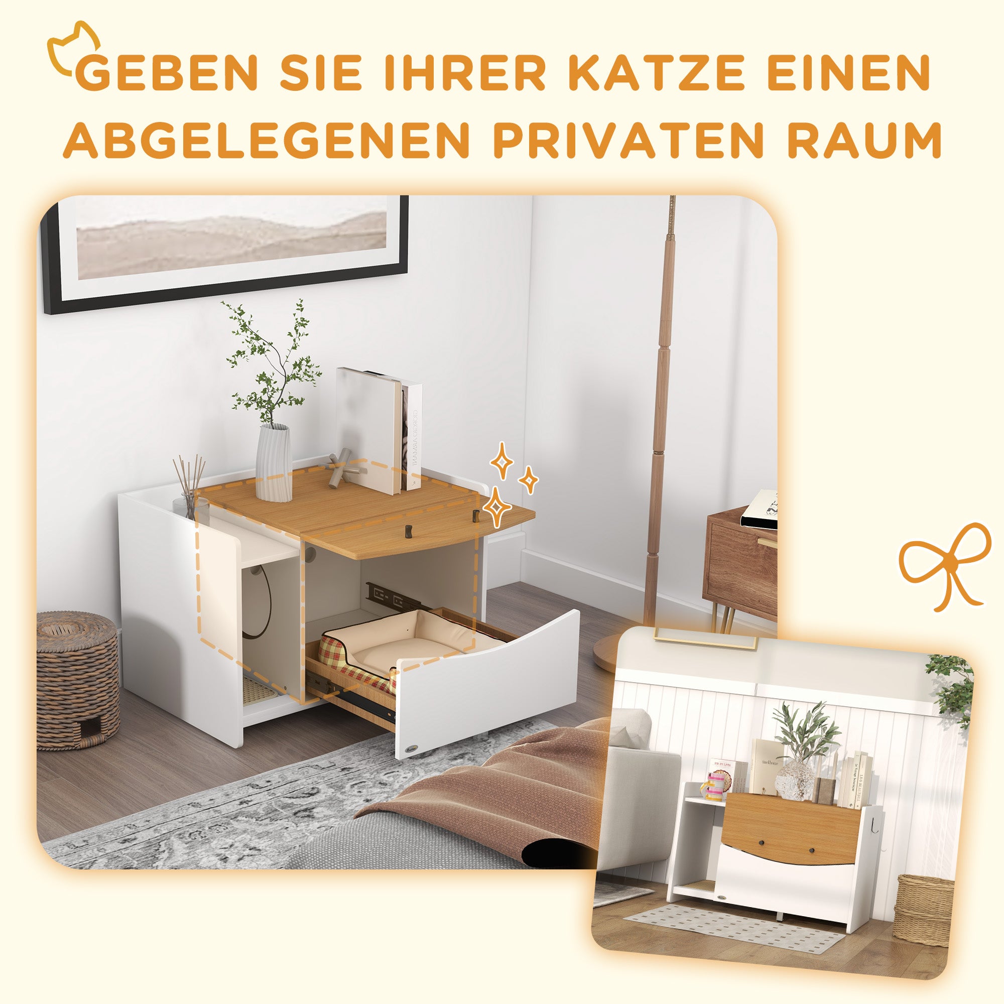 PawHut Katzentoilette, ausziehbar, Schrankdesign, Streufach, 78x50x51cm, Eiche/Weiß