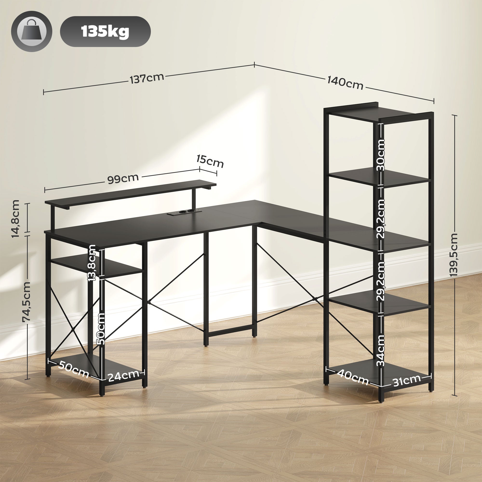 HOMCOM L-förmiger Schreibtisch mit Ladestation, Eck-Computertisch mit Monitorständer und Regalen, für Homeoffice, Büro, Schwarz