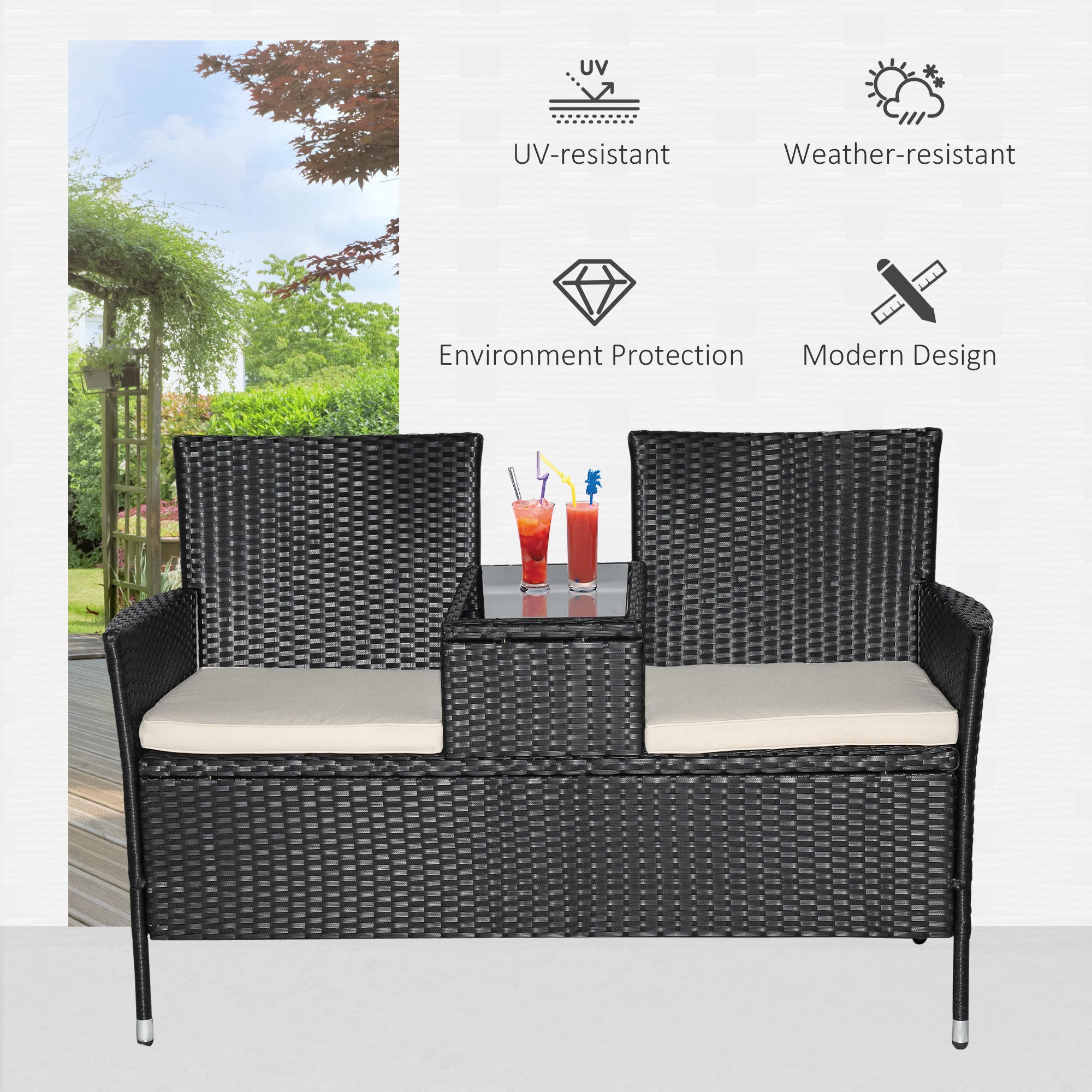Outsunny Gartenbank Polyrattan 2-Sitzer UV-beständig Sitzbank mit Tisch Kissen Rückenlehne Gartenmöbel Parkbank bis 240kg belastbar Balkonbank für Garten Terrasse Balkon 133x63x84cm, Schwarz