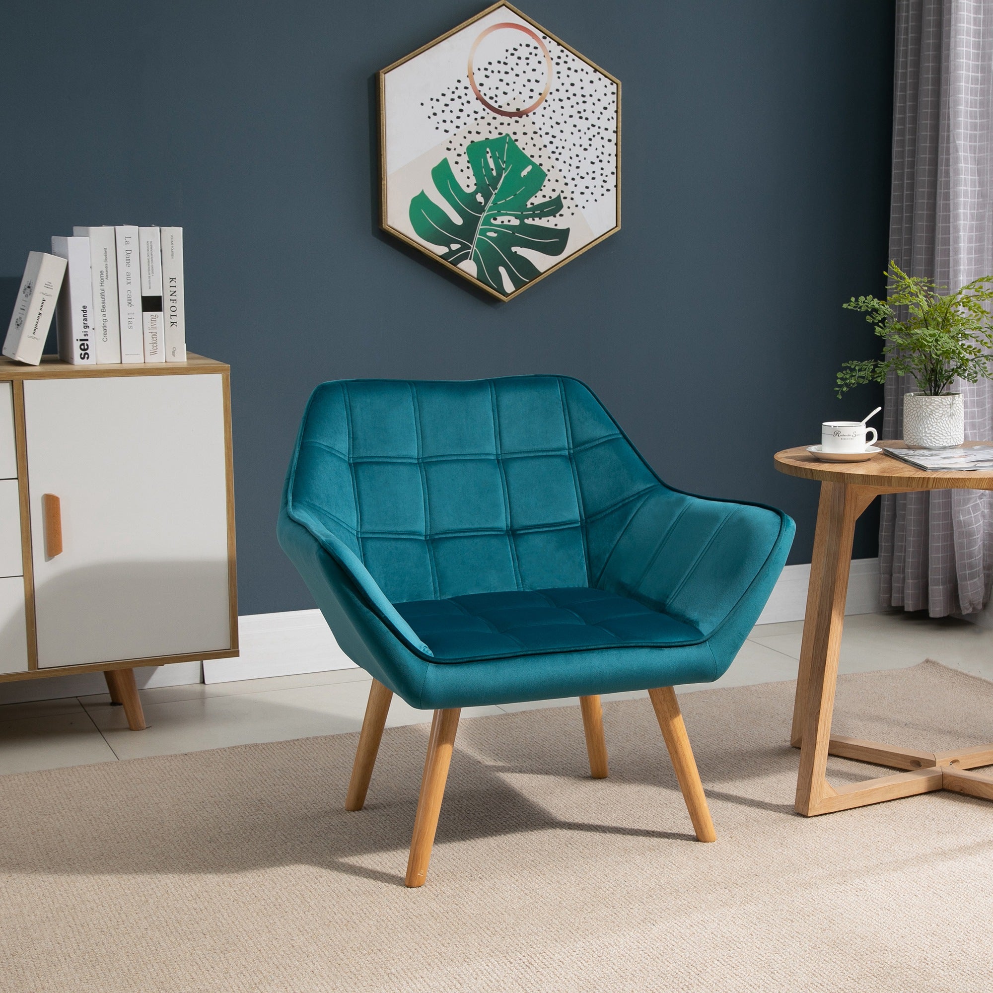 HOMCOM Sessel Wohnzimmer Ohrensessel Loungesessel Relaxsessel mit Gummiholzbeine, Lesesessel mit Samtoptik, Polstersessel für Schlafzimmer, skandinavisch, Hellblau
