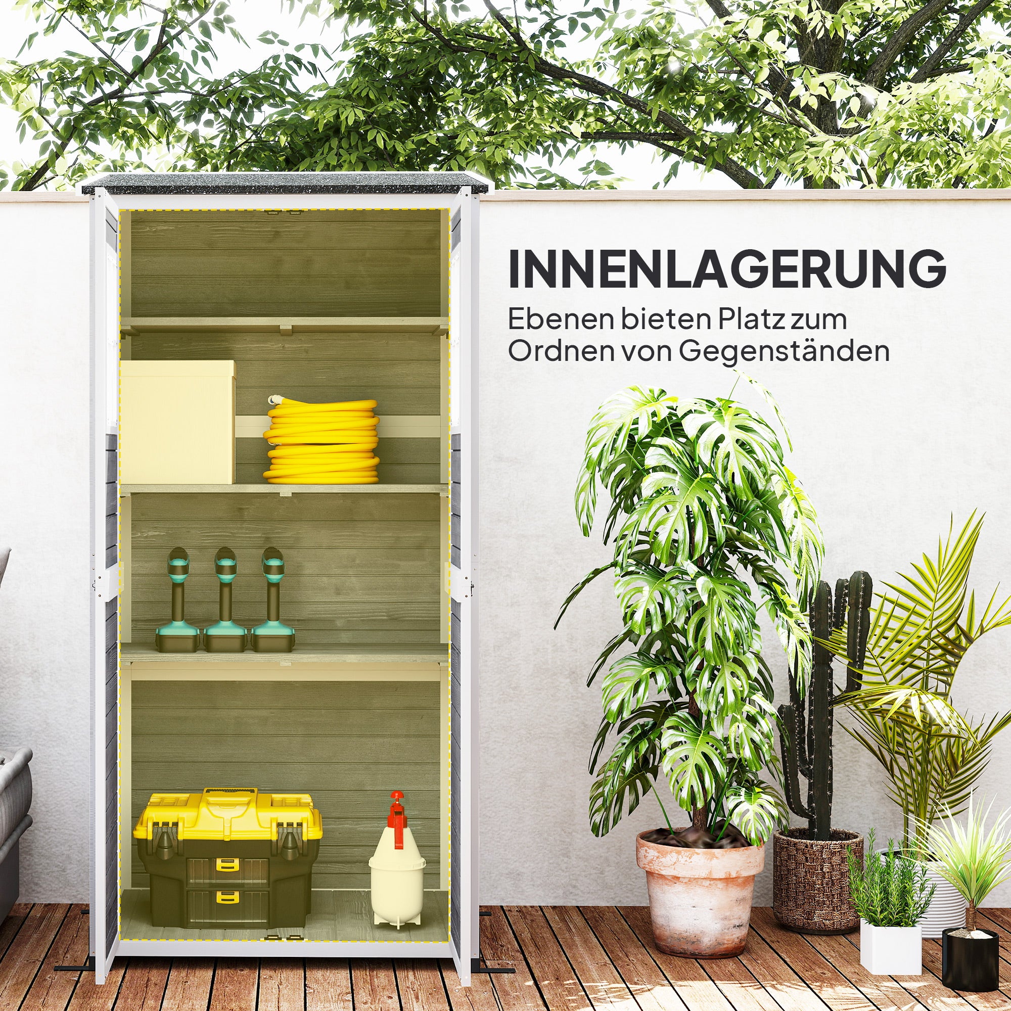 Outsunny Gartenlagerschuppen, Werkzeugschuppen mit 2 Fenstern, Bodenpfähle, Asphalt-Dach, 91 x 69 x 192 cm, Tannenholz, Hellgrau