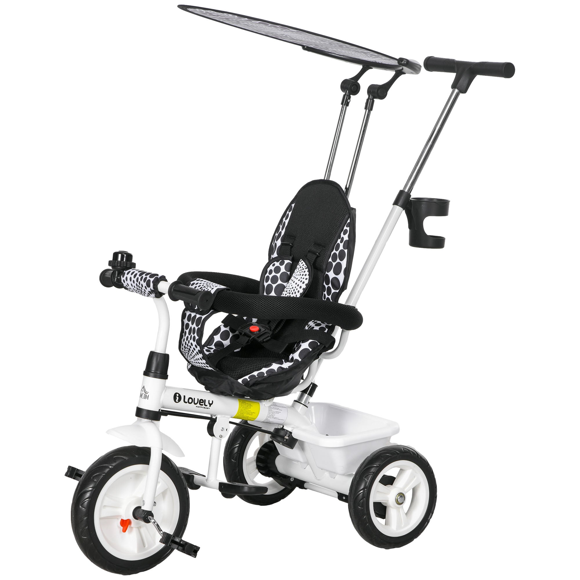 HOMCOM 6-in-1 Kinderdreirad mit Schiebestange, Dach, Gurt, Ablagekorb, für 1-5 Jahre, Weiß