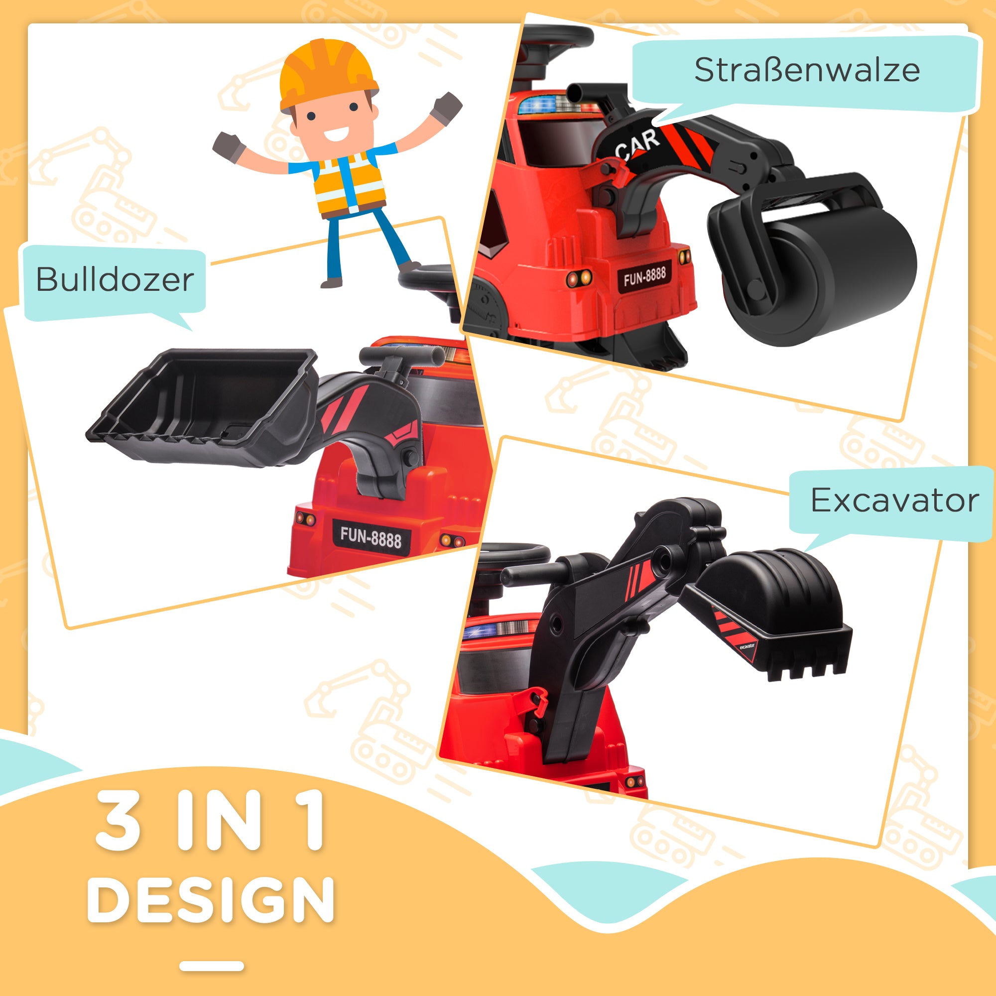 HOMCOM 3-in-1 Aufsitzbagger für Kinder 1,5 bis 4 Jahre, Musikfunktion, Schwarz/Rot