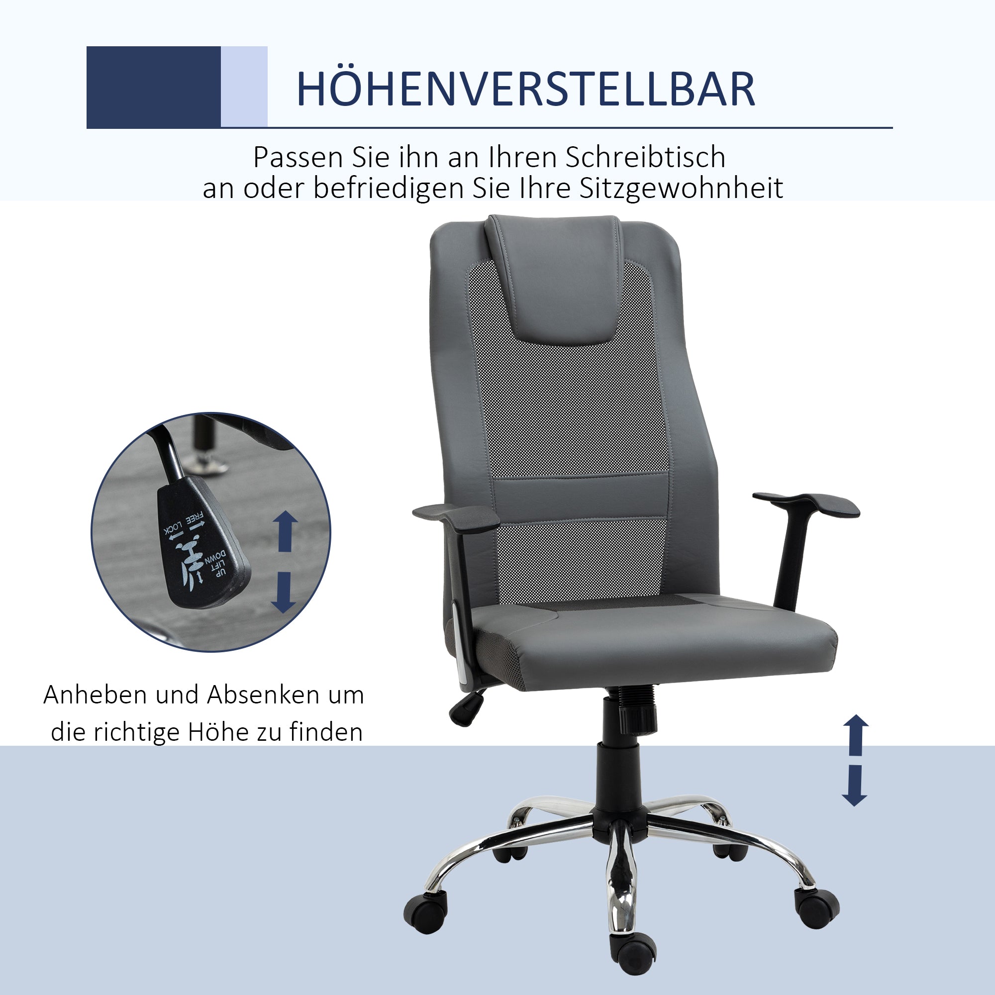 Vinsetto Bürostuhl Drehstuhl höhenverstellbar Chefsessel Schreibtischstuhl ergonomisch Kunstleder Grau 66 x 73 x 108-118 cm