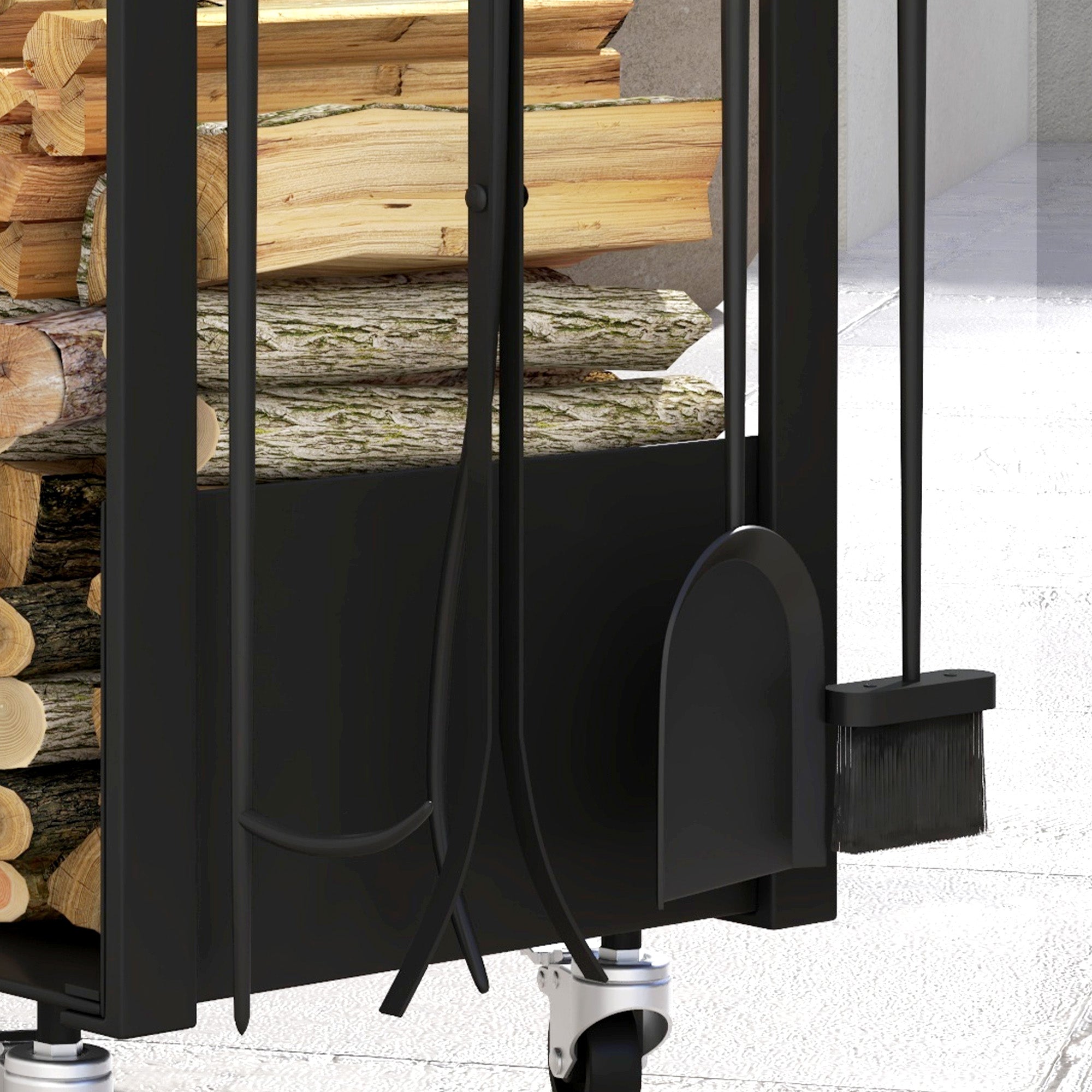 Outsunny Feuerholzgestell mit Rädern, viel Zubehör, Metallrahmen, bis 60 kg, 48 x 30 x 76 cm, Schwarz