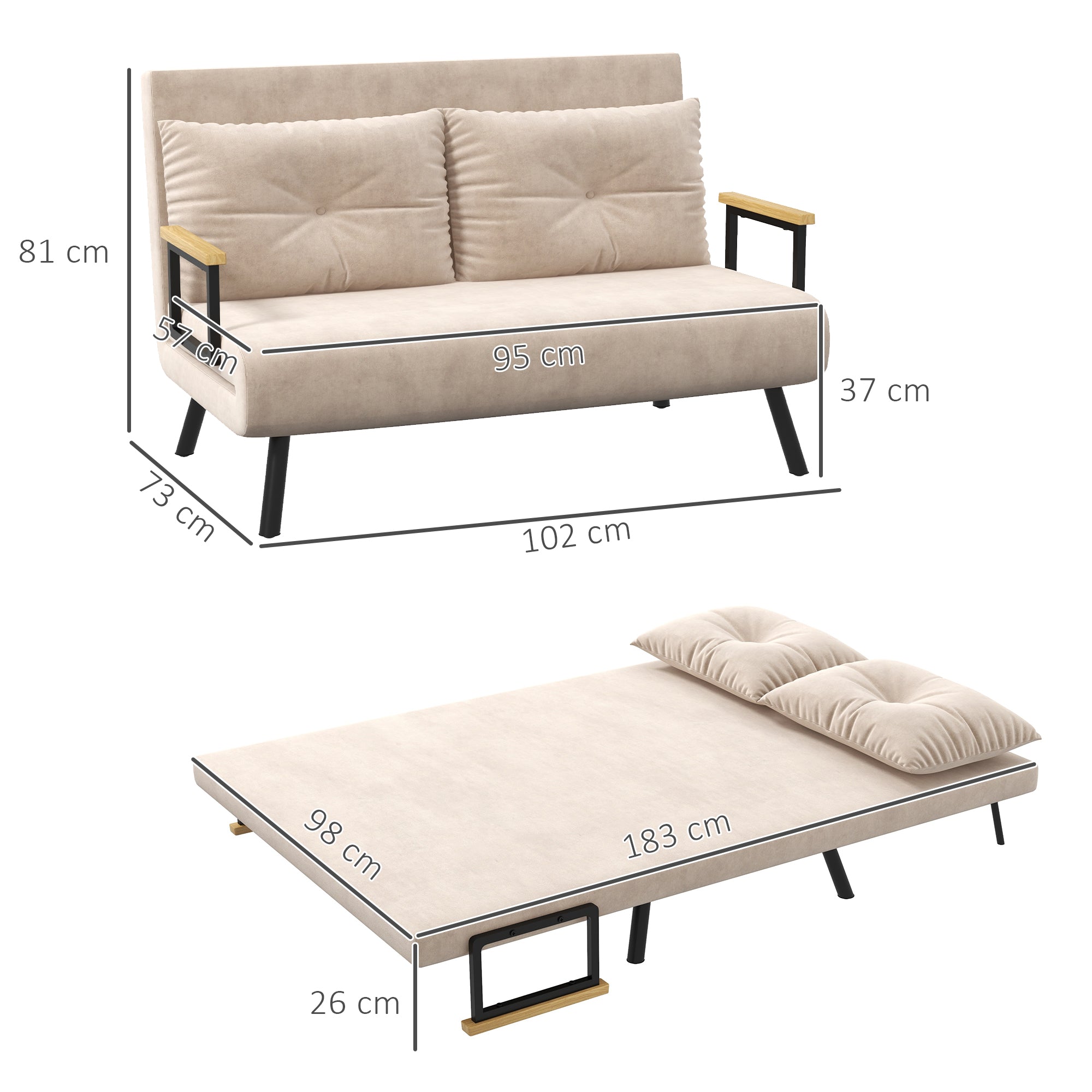 HOMCOM Schlafsofa 2er-Sofa Samtsofa, Schlaffunktion, inkl. 2 Kissen, Samtoptik, Natur + Beige + Schwarz