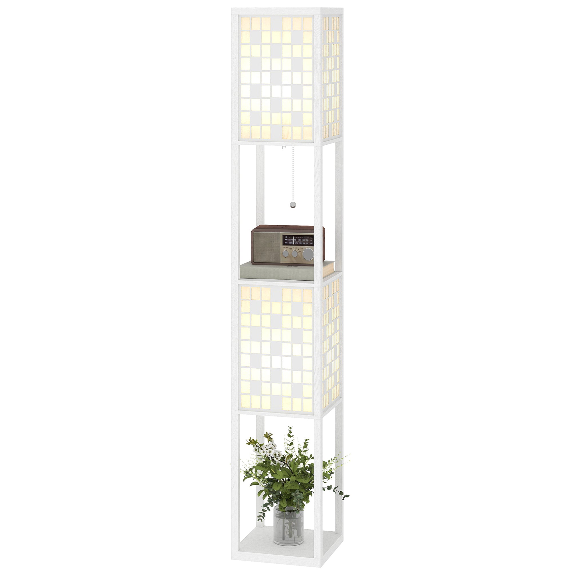 HOMCOM Stehlampe, Gittermuster, 2-Ebenen-Regale, für verschiedene Glühbirnen, Weiß