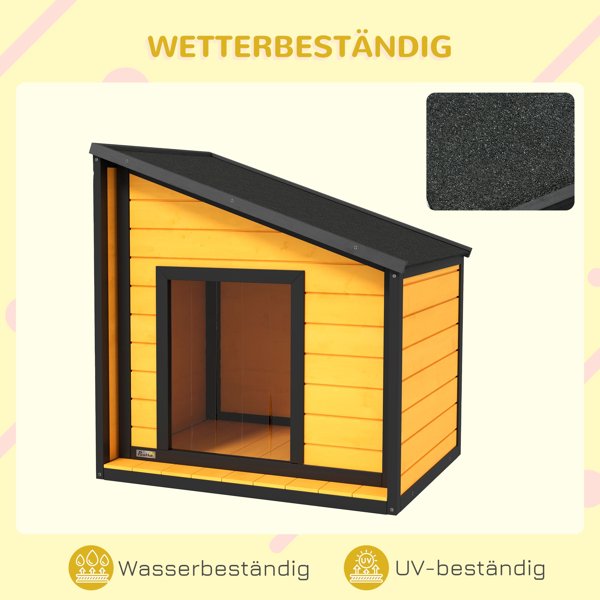 PawHut Hundehütte, aufklappbares Asphaltdach, Vorhang, 71x58x53/77 cm, Schwarz/Gelb