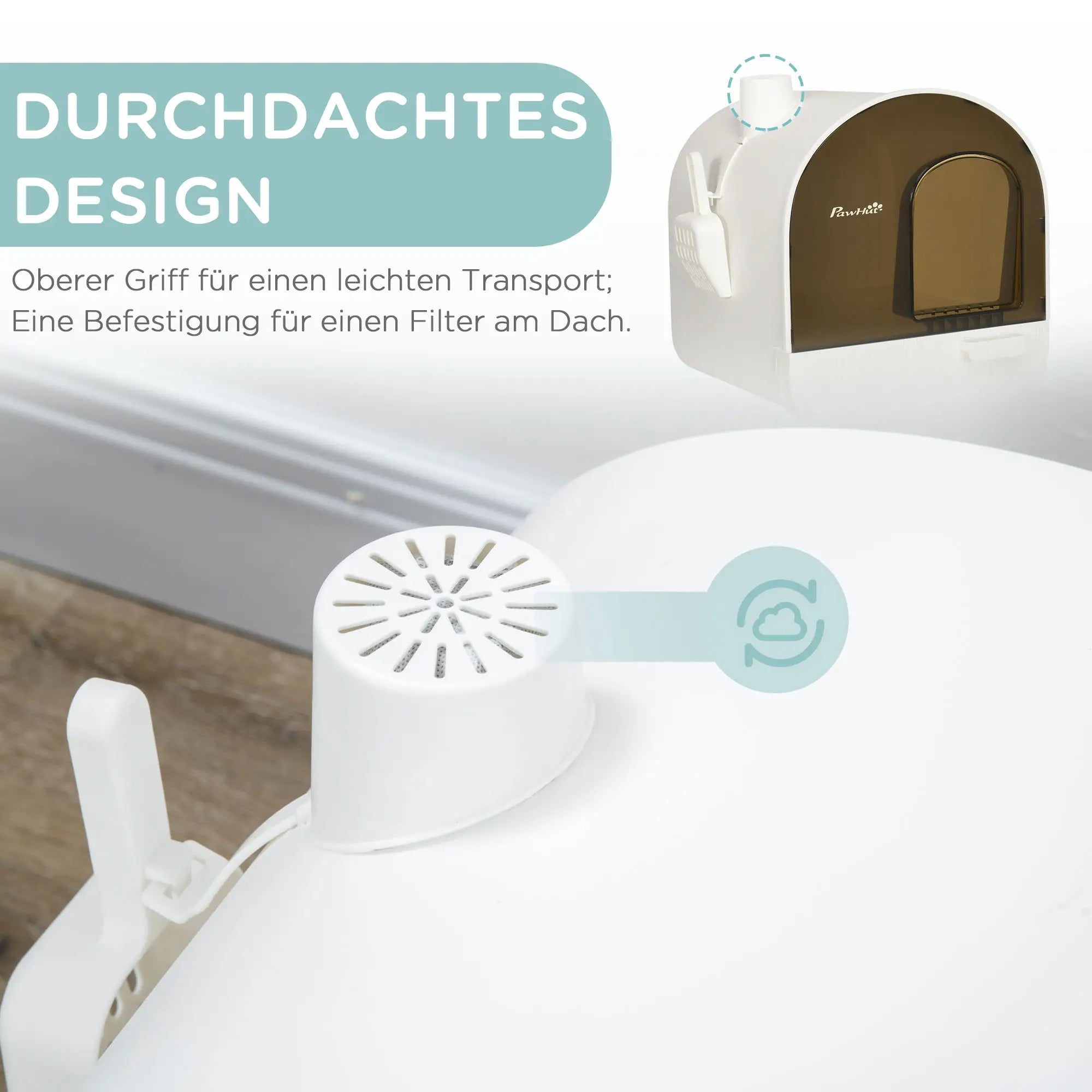 PawHut Katzentoillete mit Filter, 1 Ersatzfilter, 1 Bodenmatte, 43 cm x 44 cm x 47 cm, Schwarz + Weiß