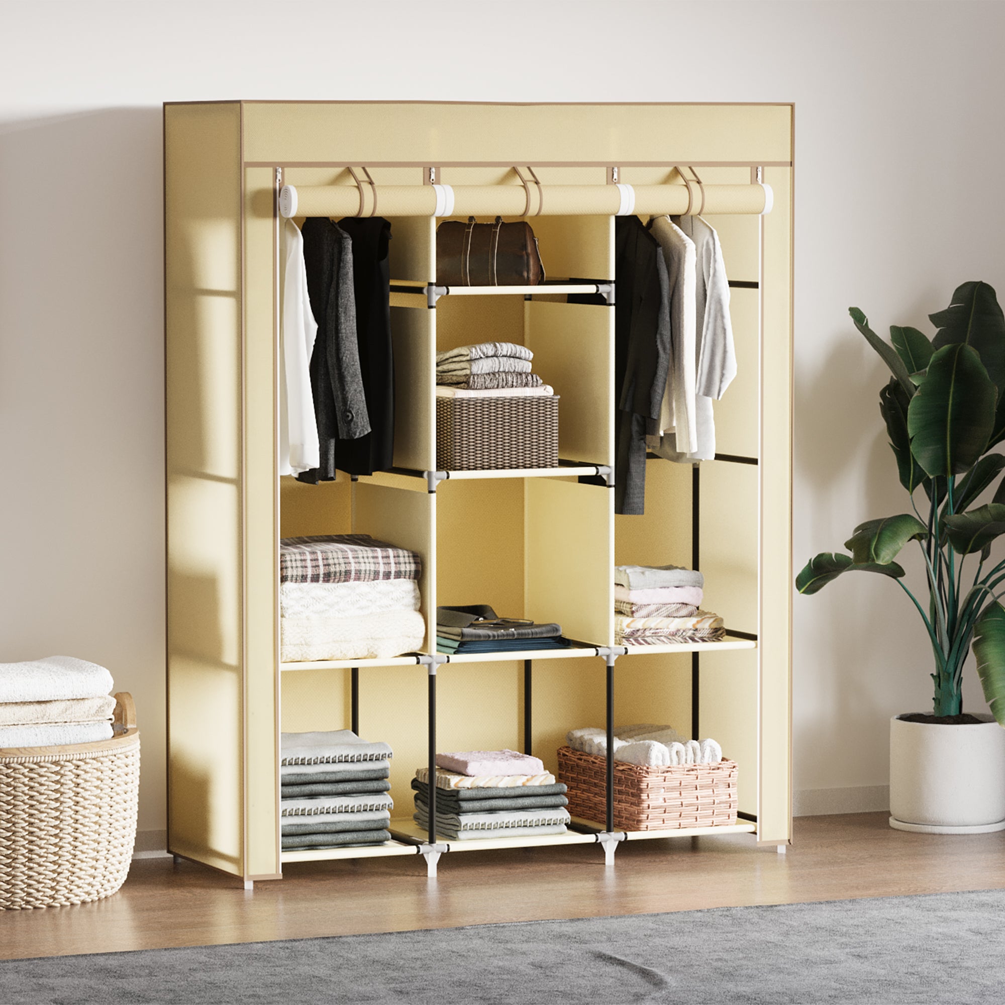 HOMCOM Schrank aus Stoff, Aufbewahrungslösung, 8 Regale, 2 Kleiderstangen, Beige