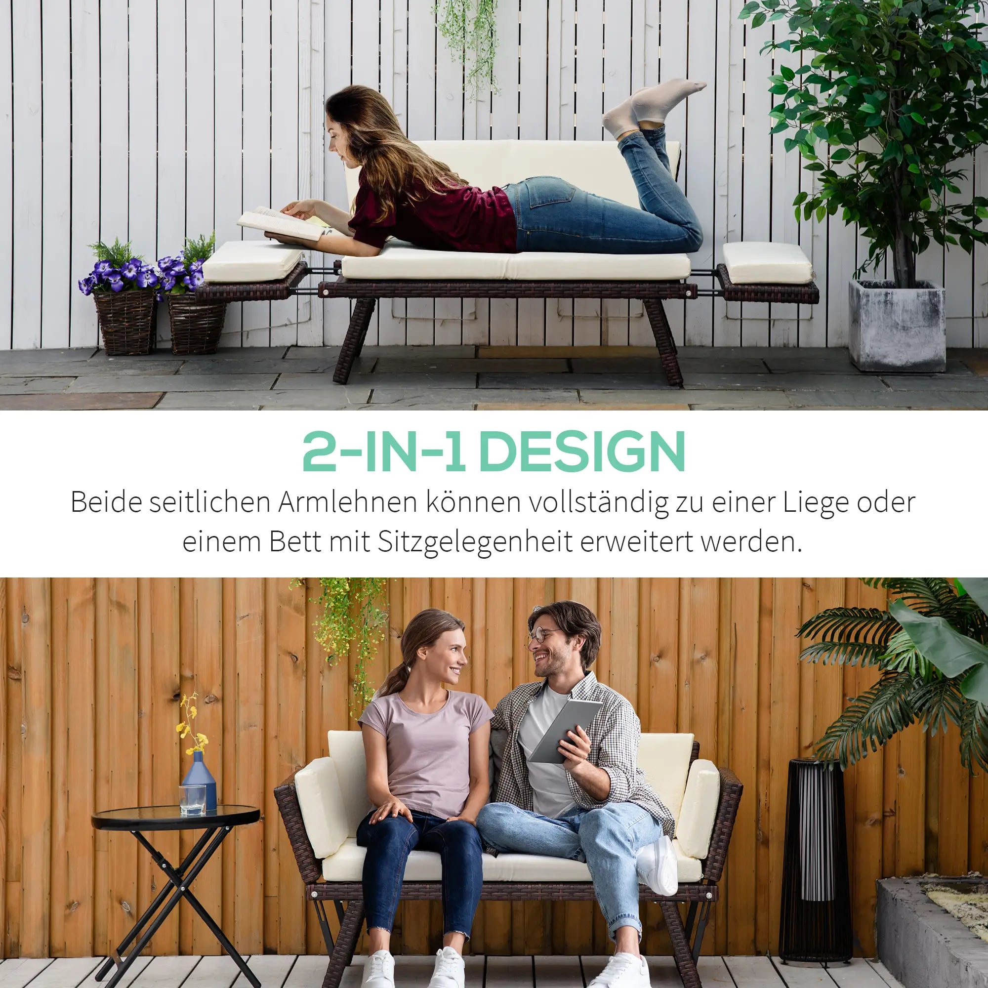 Outsunny Polyrattan Gartensofa 2-Sitzer klappbare Armlehnen