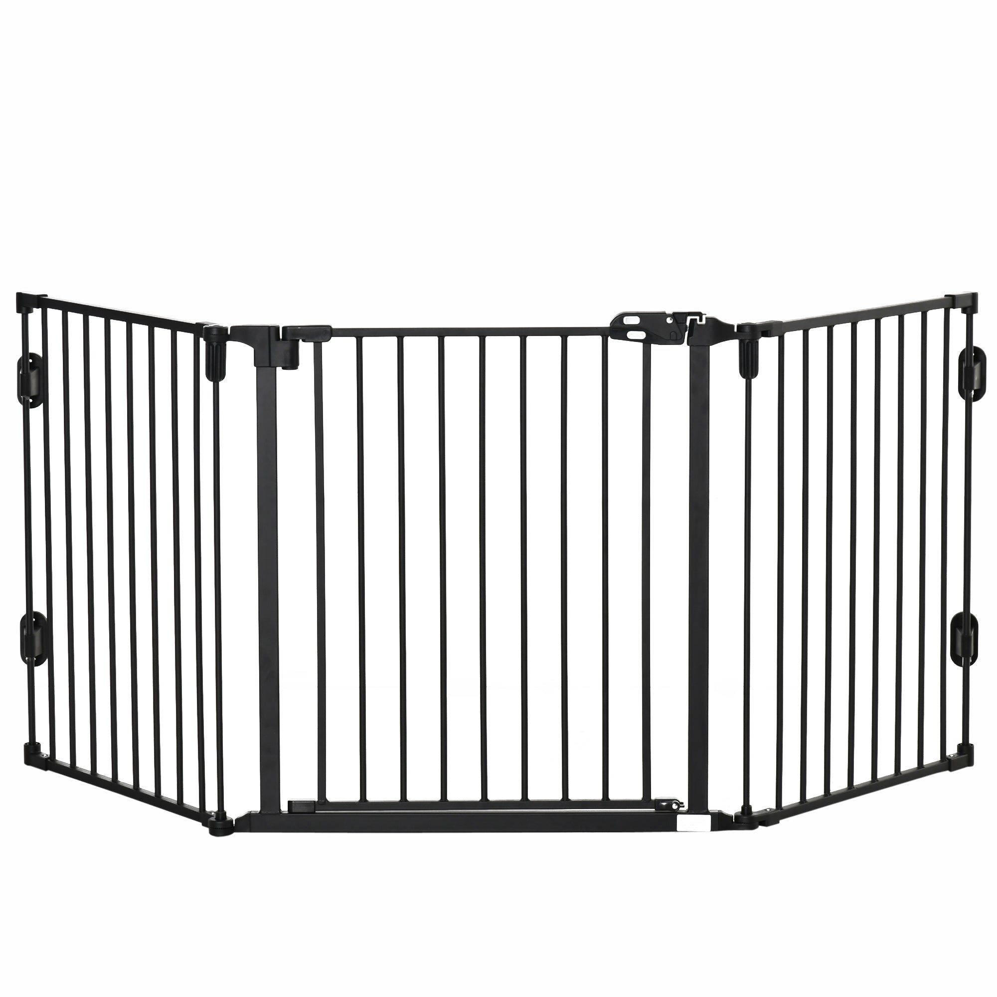 PawHut Hunde Absperrgitter Türschutzgitter Haustierschutzgitter verstellbar klappbar Kamingitter mit automatische schließenden Tür 3 Paneele für Ofen Wandmontage/Freistehend Schwarz 202,5 x 76 cm