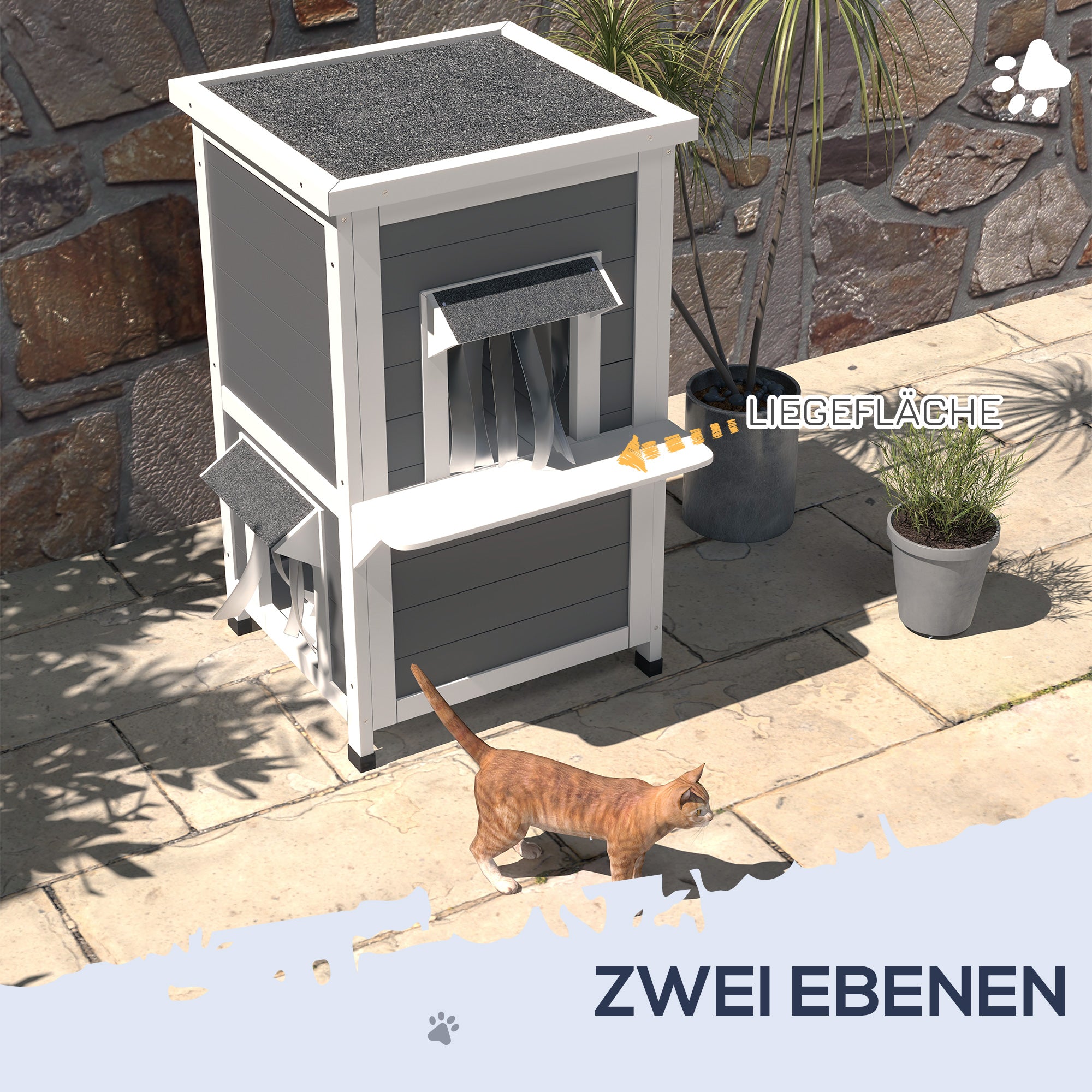 PawHut Katzenhaus, Katzenhütte, Outdoor, Wetterbeständig, 60 cm x 60 cm x 81.5cm, Weiß + Grau