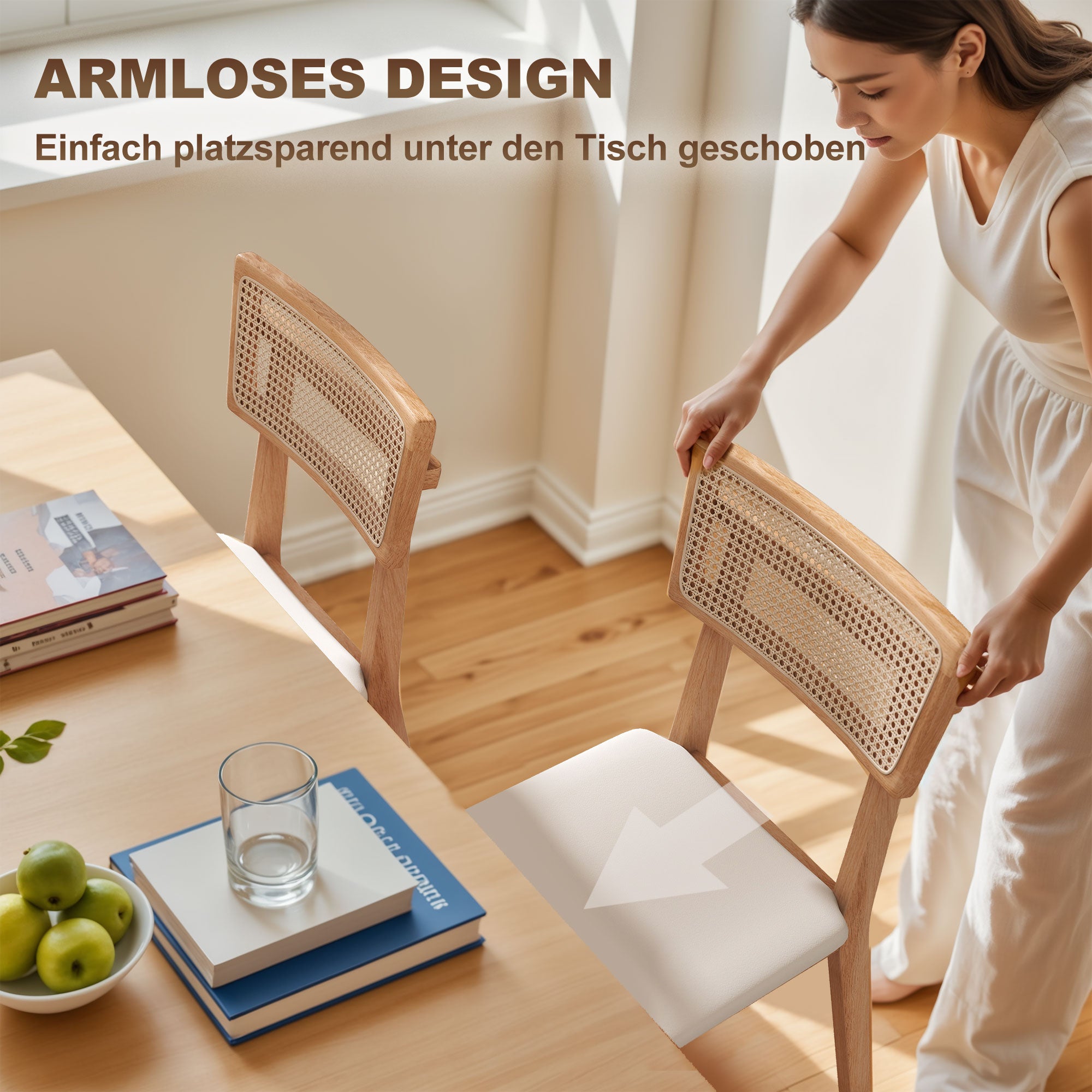 HOMCOM Esszimmerstuhl, Rattan-Rückenlehne, Kunstleder-Sitz, Kautschukholz, Naturholz