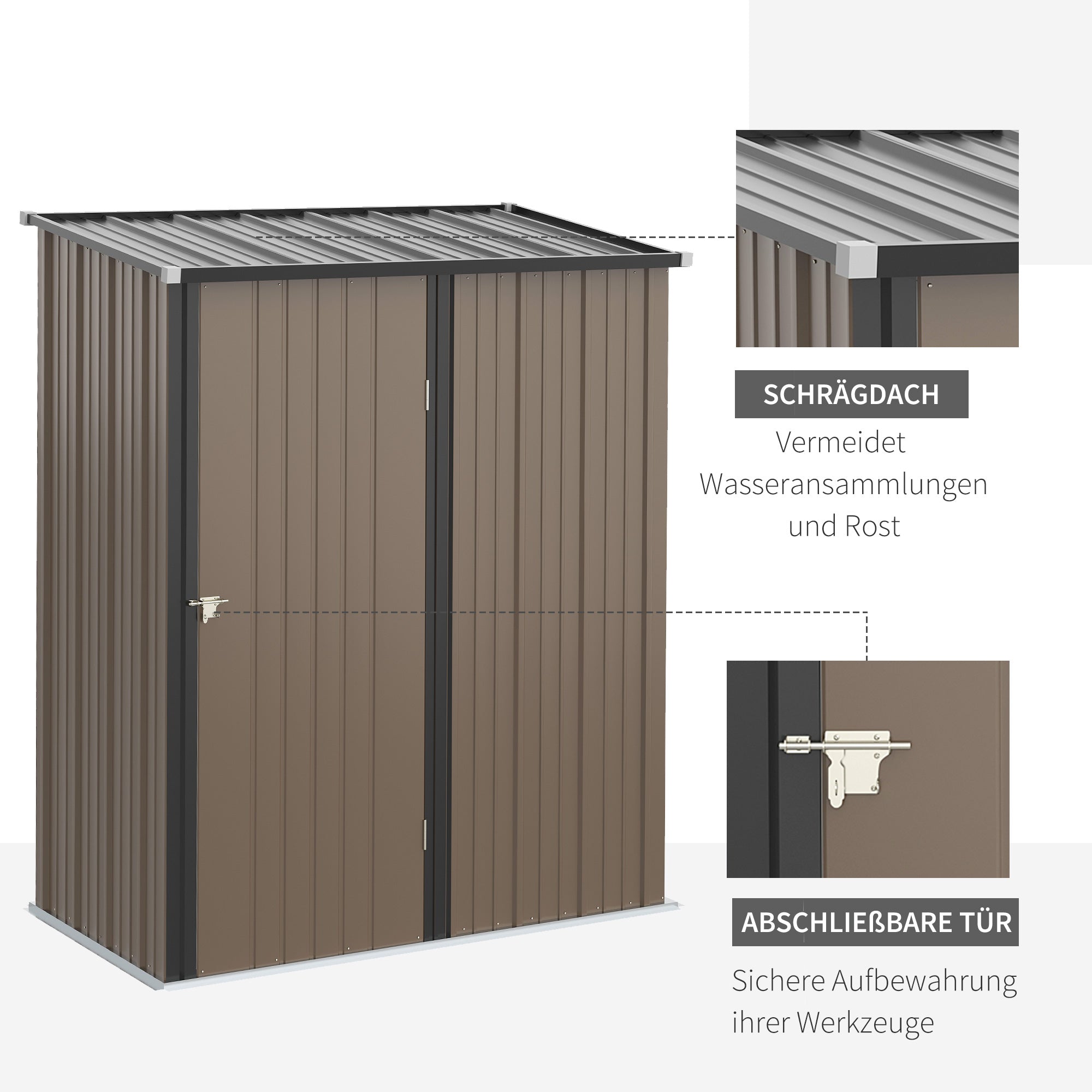 Outsunny Gerätehaus 1,34 m² Geräteschrank mit Pultdach abschließbar Gartenhaus Geräteschuppen aus verzinkter Stahl 161,5 x 94,5 x 196 cm Braun