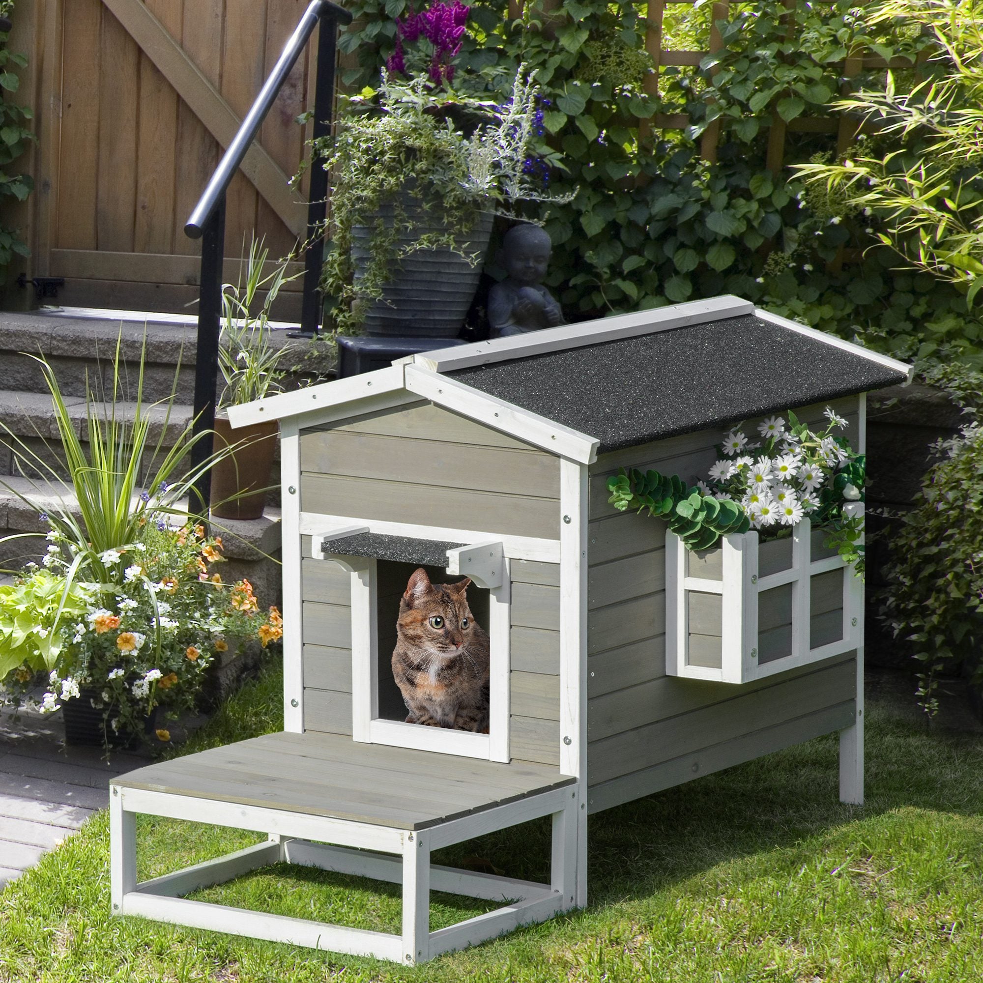 PawHut Katzenhaus aus Holz Winterfest wasserdicht Katzenhütte mit Asphaltdach Terrasse Katzenhöhle Katzenkiste Outdoor Schutzhütte für Draußen Garten Balkon 115 x 66,5 x 74,7 cm Grau+Weiß