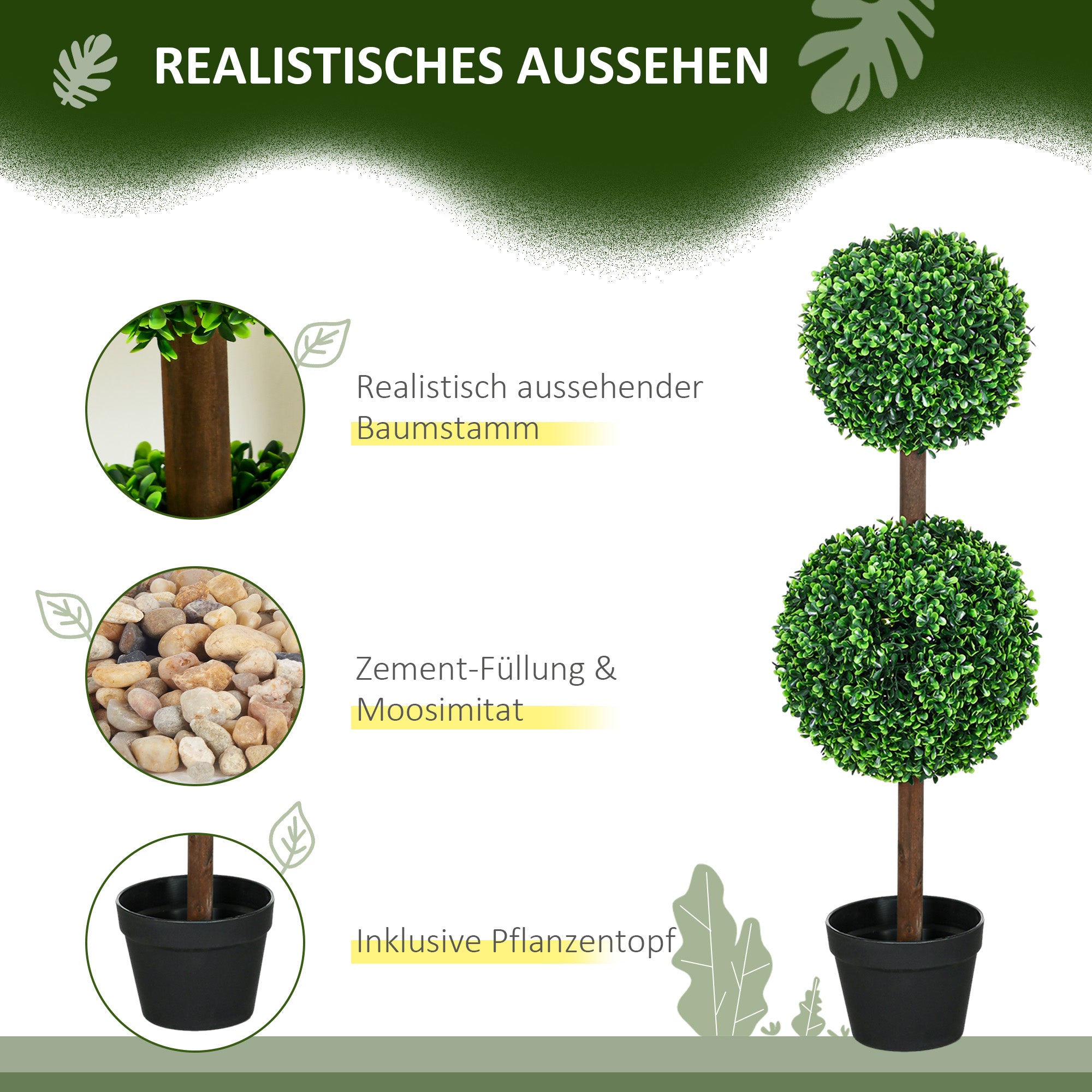 HOMCOM Künstliche Pflanzen, 2er-Set Buchsbaum, 90 cm Kunstpflanze, Kunstbaum, Deko-Pflanze für Indoor und Outdoor, Grün