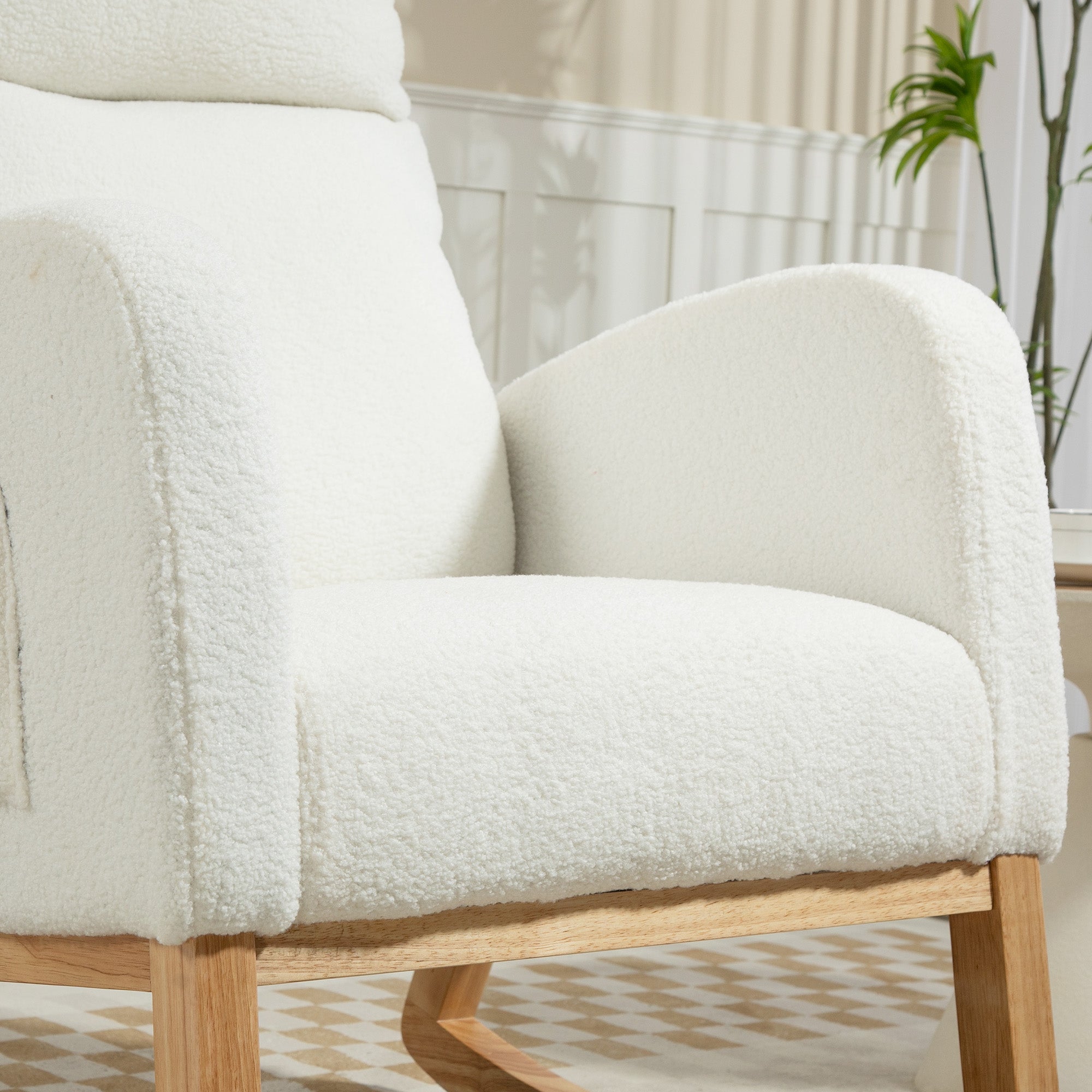 HOMCOM Schaukelstuhl, Relaxsessel, dicke Polsterung, kuscheliger Bezug, Holzrahmen, bis 120 kg Tragkraft, Cremeweiß