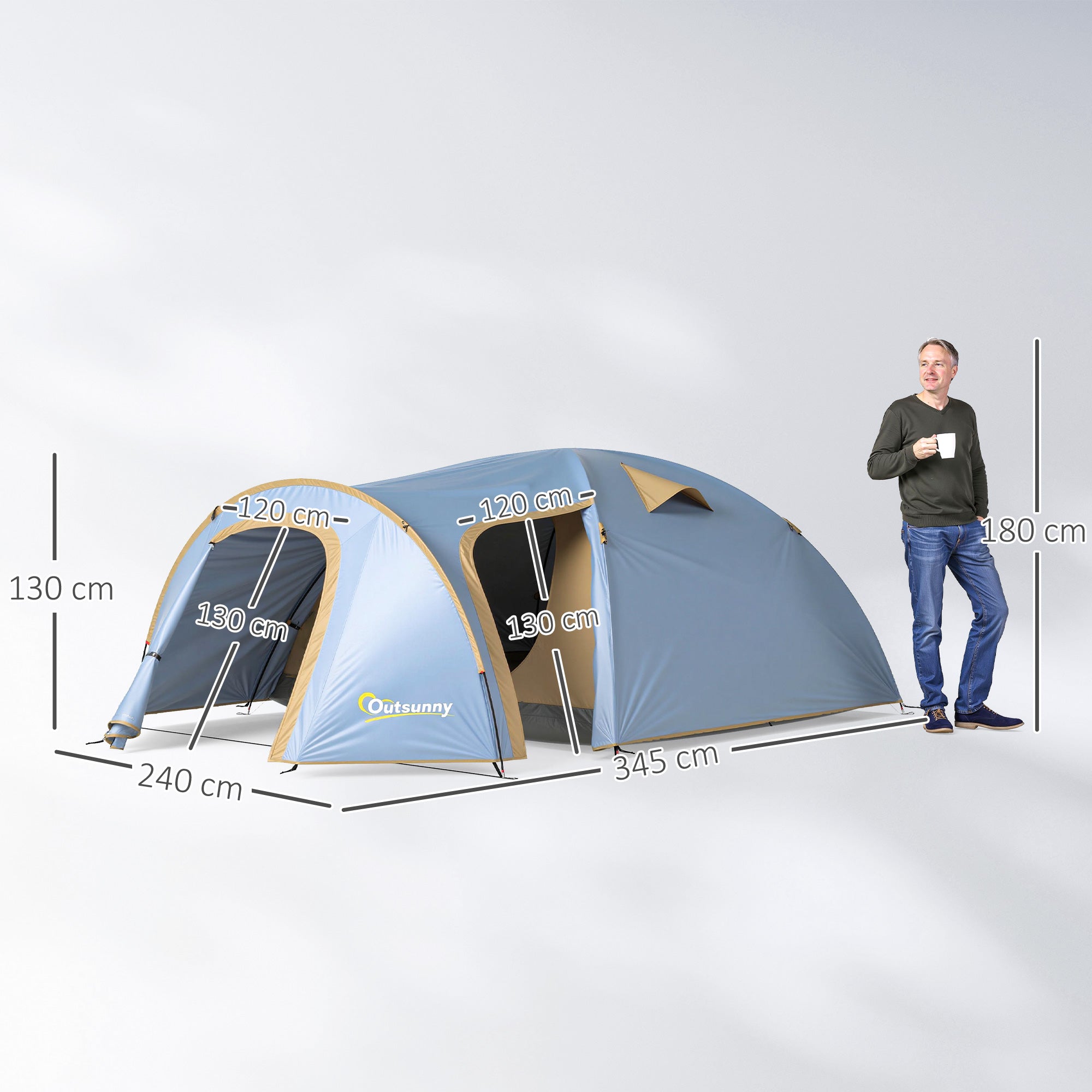 Outsunny Campingzelt für 4 Personen, wasserdicht Tunnelzelt mit 2 Türen Haken Packtasche 3,45 x 2,4 x 1,3 m Hellblau