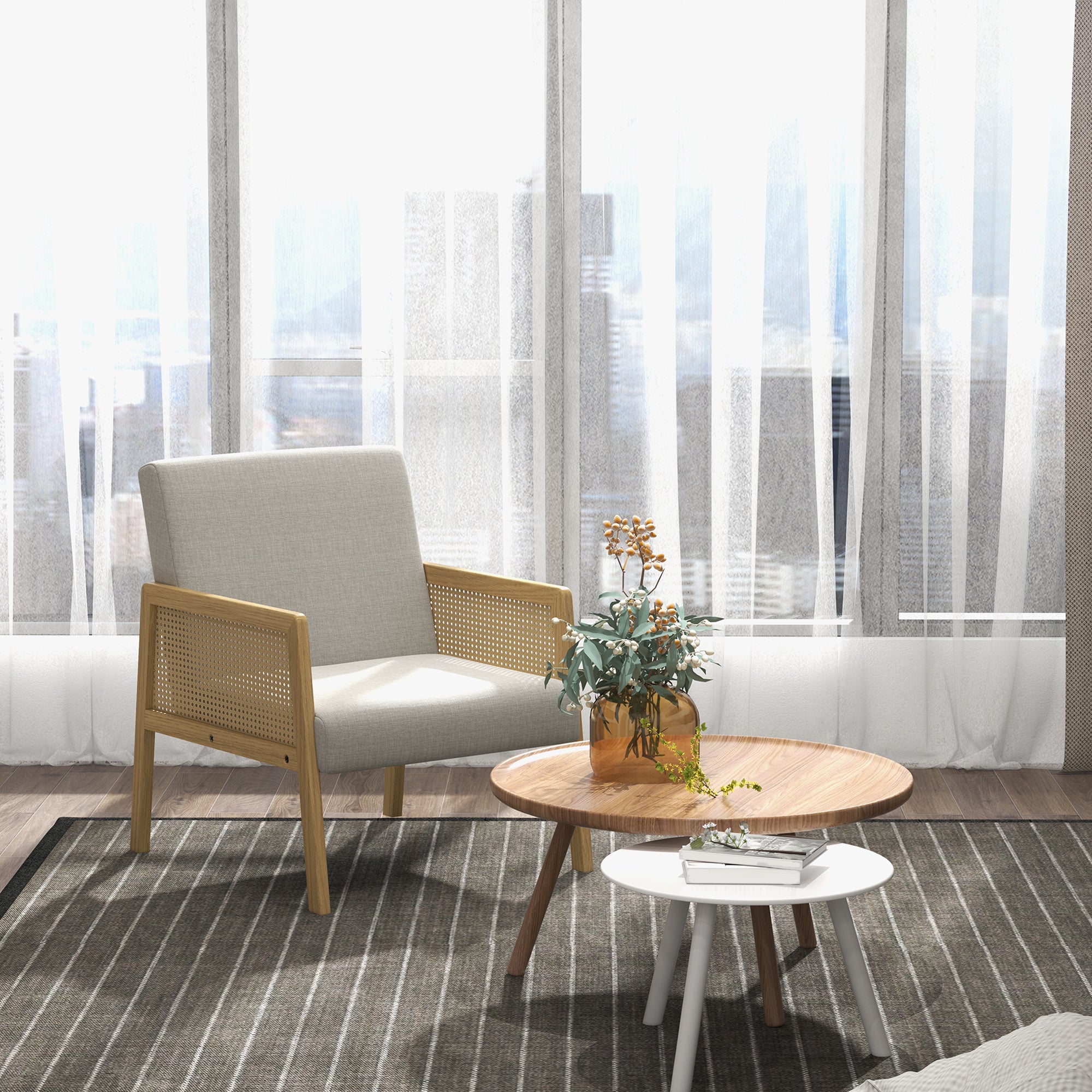 HOMCOM Akzentsessel, Armlehnen in Rattanoptik, bis 120 kg, breiter Sitz, Naturholzrahmen, Boho-Design, grau, 65,5 x 72 x 78cm