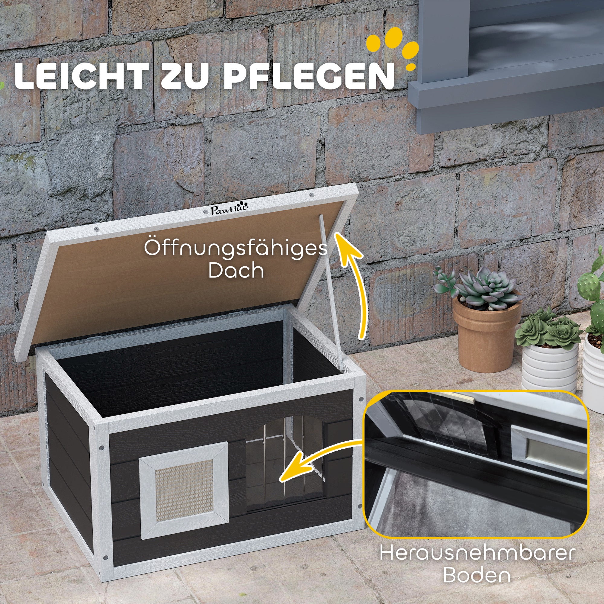 PawHut Katzenhaus, Rückzugsort für Katzen und Kaninchen, Holzhaus mit Kratzmatte, Türklappe, 61 x 45 x 36,5 cm, Grau