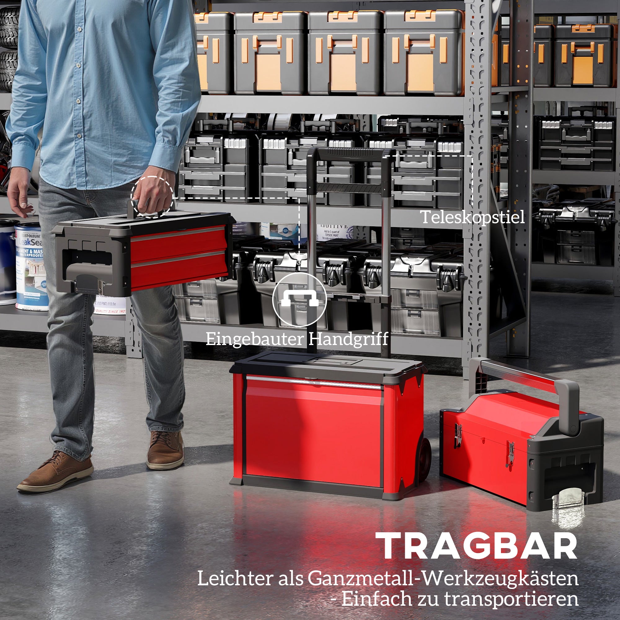 HOMCOM 3-stufiges Werkzeugkasten-Set, mit Rädern, ineinandergreifend, Stahl, Kunststoff