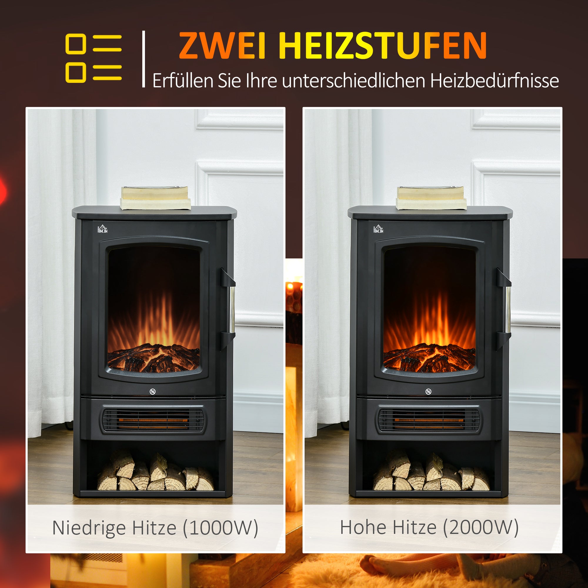 HOMCOM Elektrokamin, realistische Flammen, 2 Heizstufen, Überhitzungsschutz, Stahl, Schwarz, 44,5 x 32 x 74cm