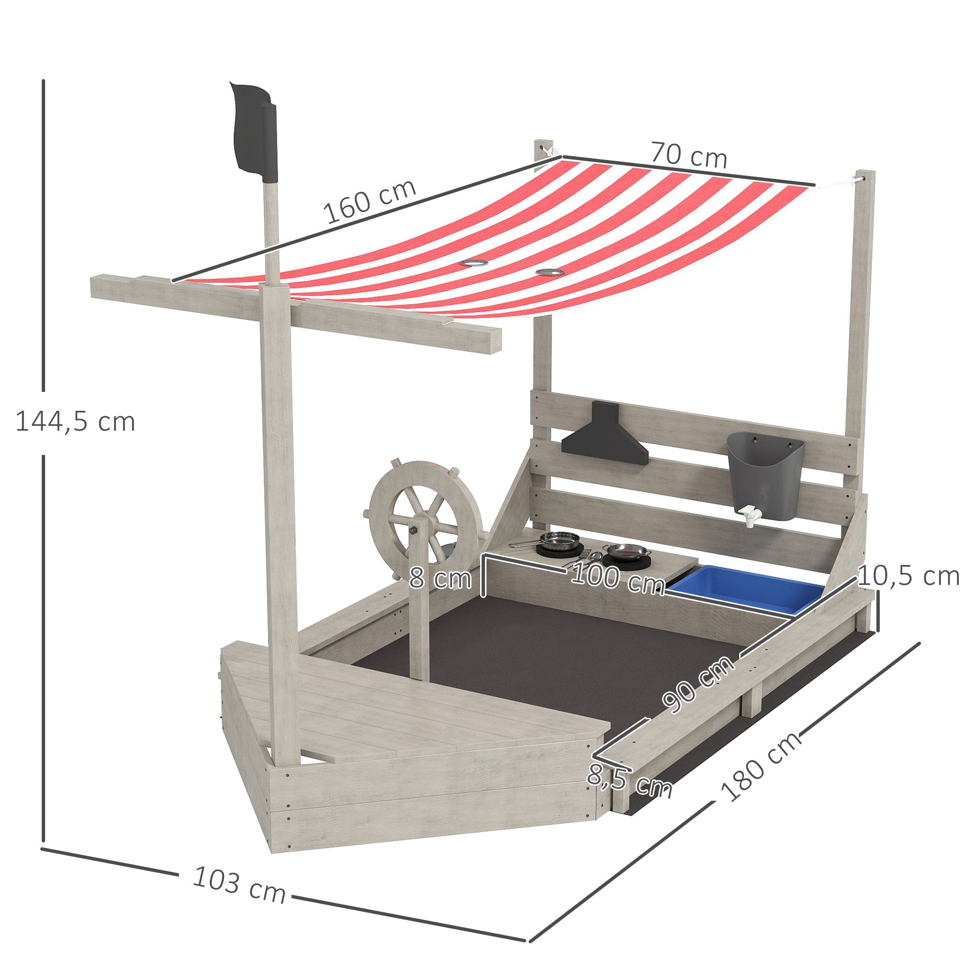 Outsunny Sandkasten mit Sonnendach Piratenschiff, inkl. Kinderküchenspielset, Massivholz, 180 x 103 x 144,5 cm, Grau