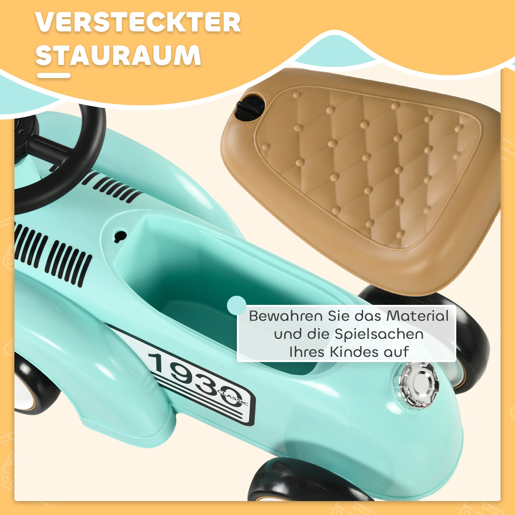 AIYAPLAY Kinder Rutschauto, Vintage-Design, versteckter Stauraum, Kippschutz, Hupe, 12-36 Monate, Grün