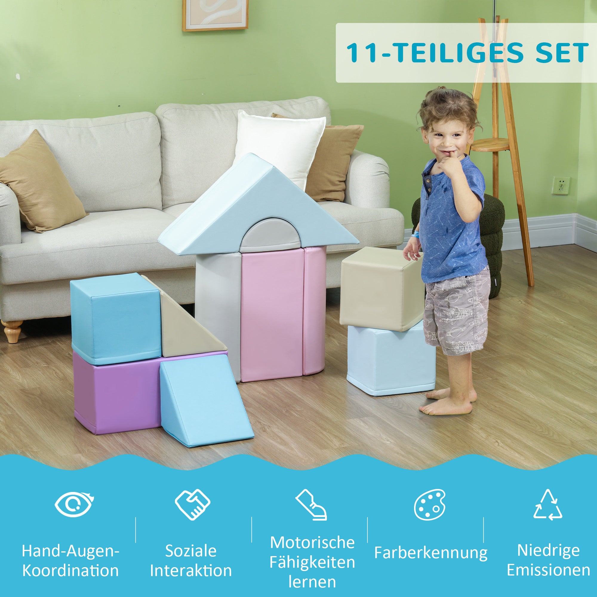 HOMCOM 11-tlg. Softbausteinset, Schaumstoffbausteine zum Toben und Klettern, für Kinder, 1-3 Jahre, Kunstlederbezug, Bunt