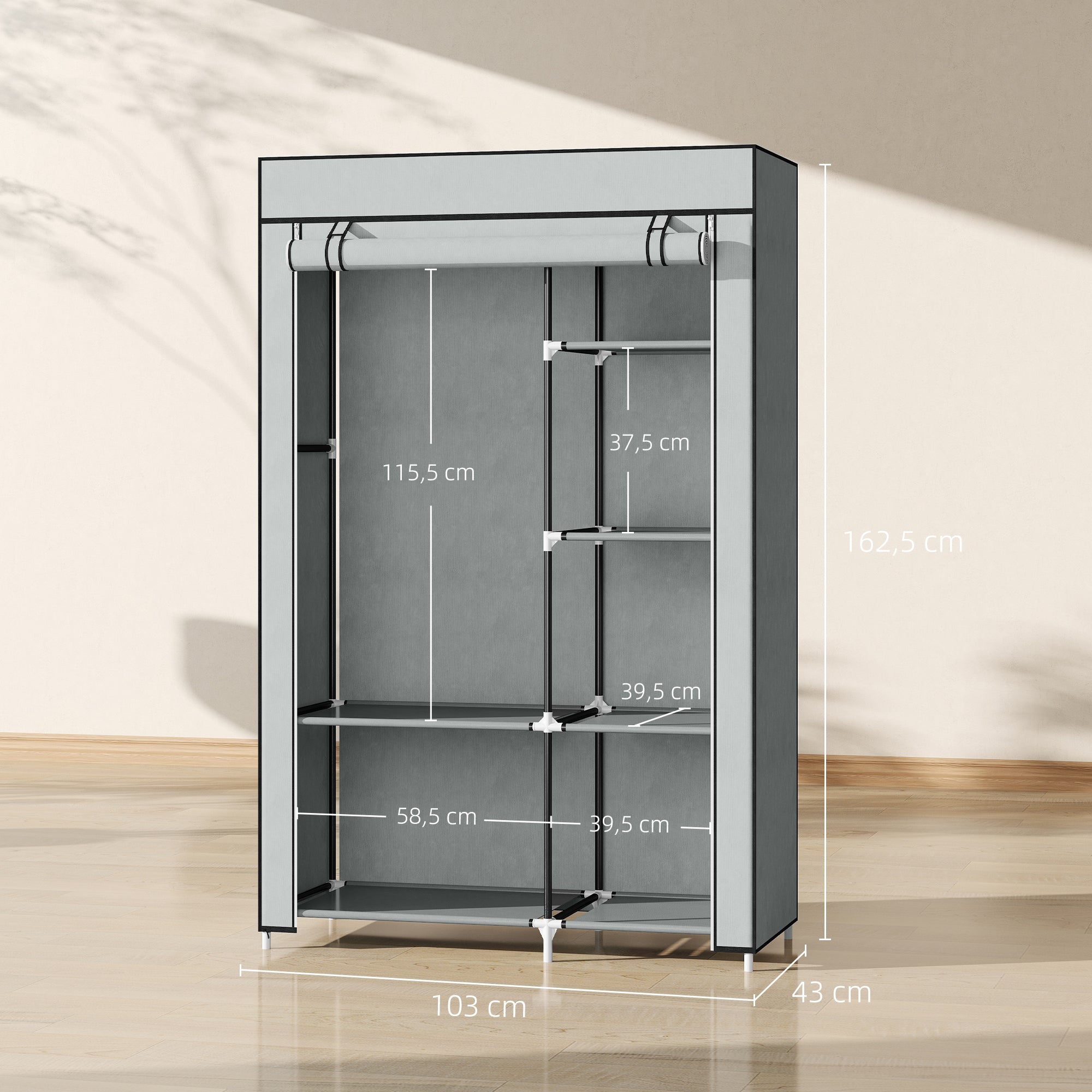 HOMCOM Schrank aus Stoff, Aufbewahrungslösung, 6 Regale, 1 Kleiderstange, Grau